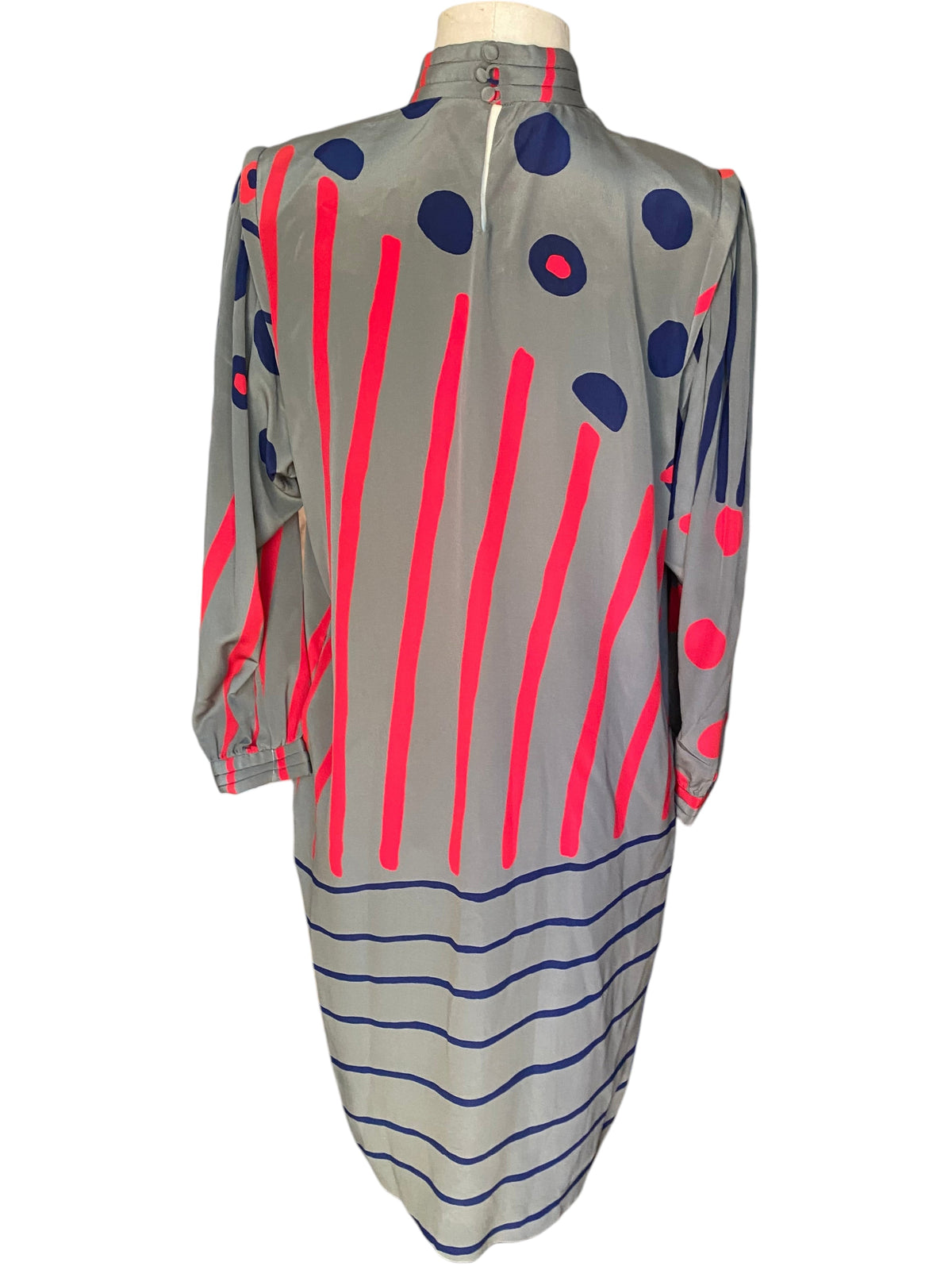 LaliSimone vintage 1980s Balenciaga silk shift dress featuring a gray ground with coral stripes and cobalt dots.