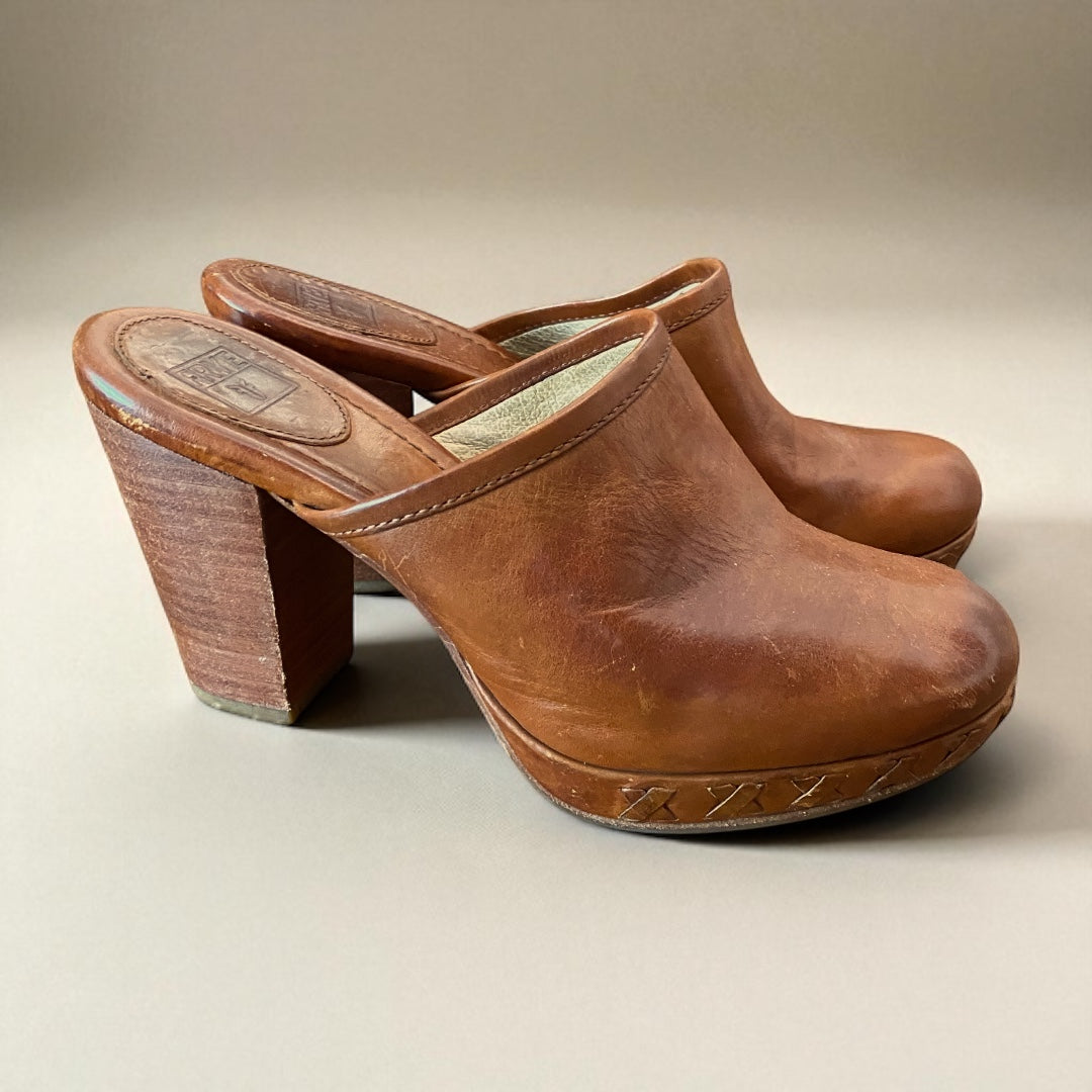 Frye Sable Leather Wooden Heel Clog Mules