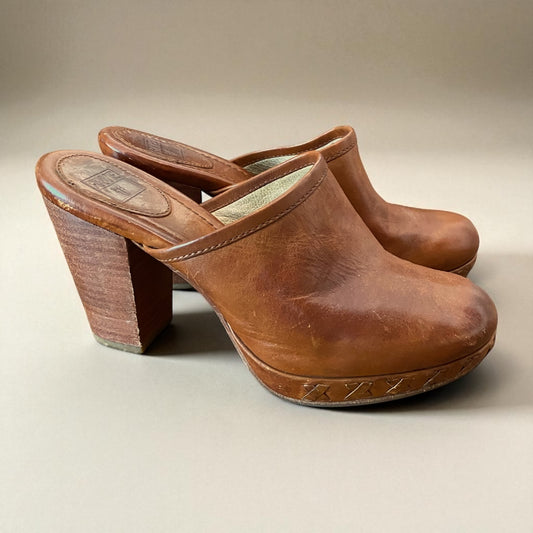 Frye Sable Leather Wooden Heel Clog Mules