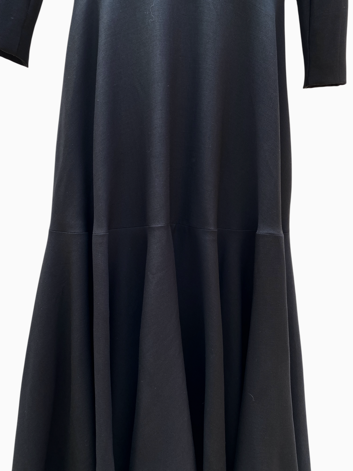 LaliSimone Valentino black wool-silk crepe couture maxi gown with a fitted bodice and voluminous tiered skirt.