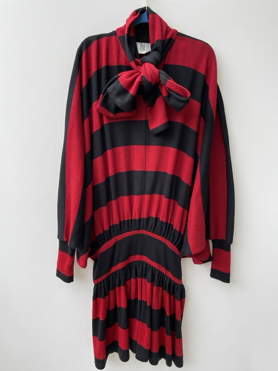Red and black striped dress with a large bow on a white background