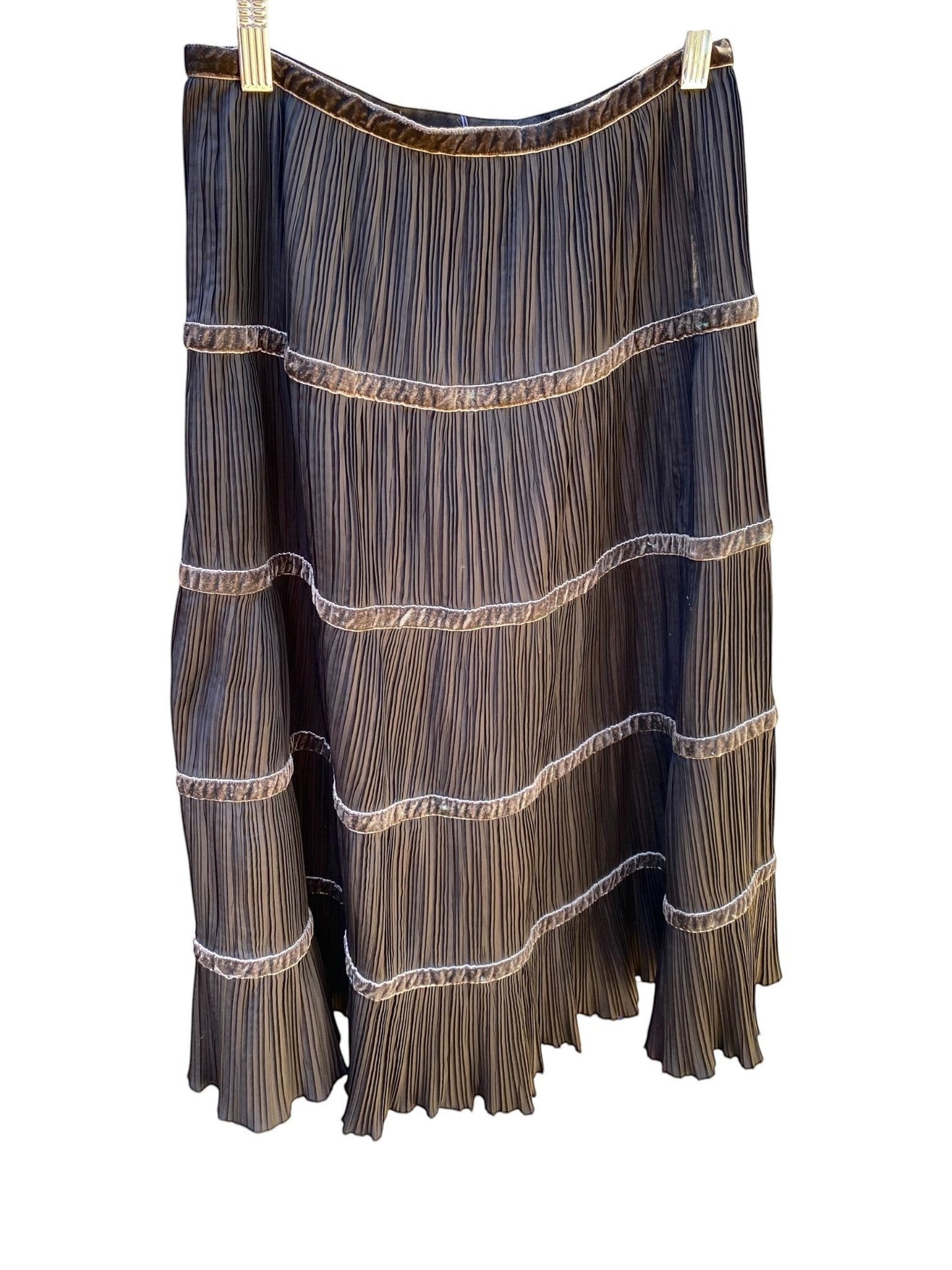 LaliSimone Max Mara tiered pleated midi skirt in dark brown with velvet trim and ruffled hem.