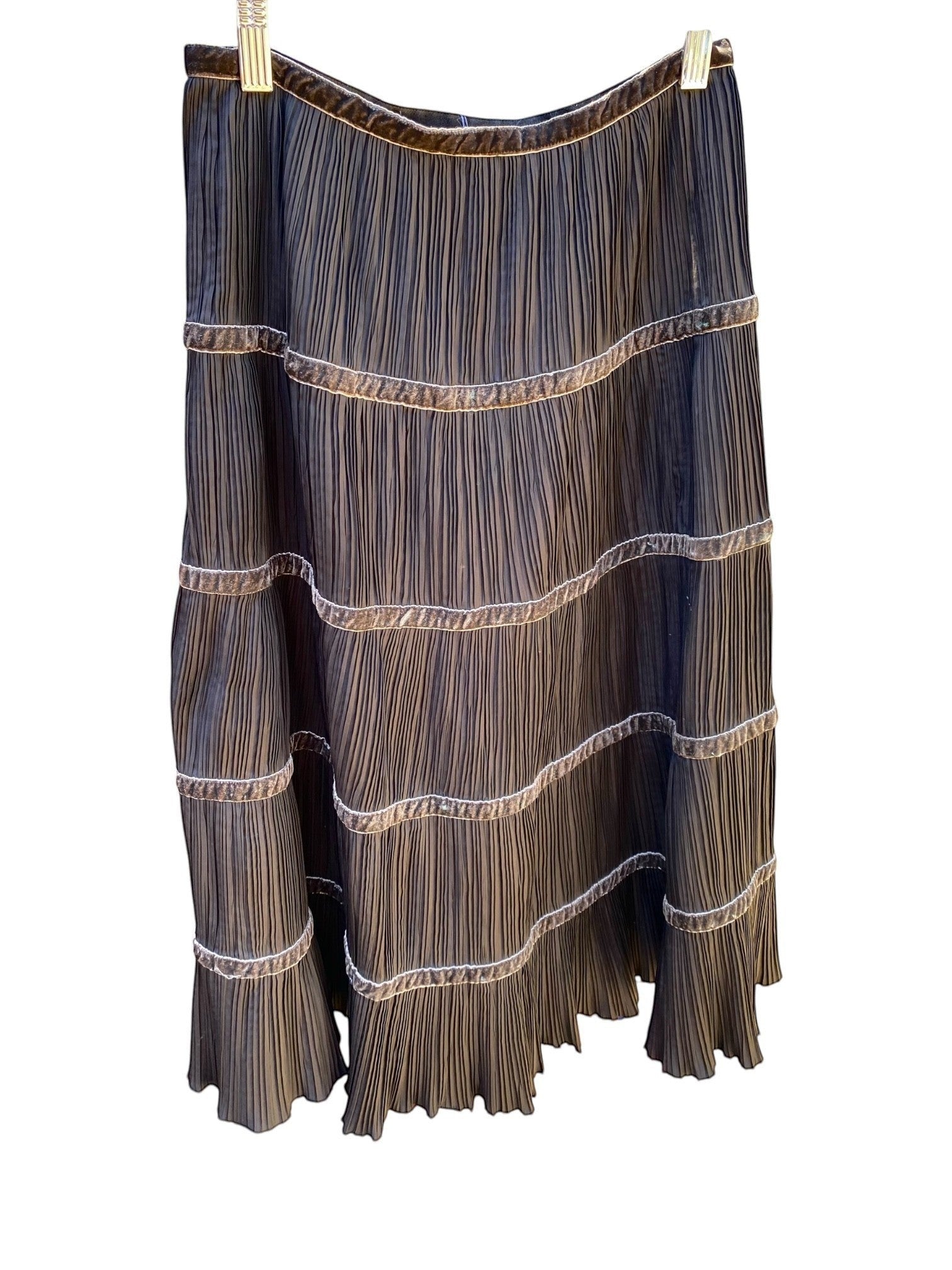 LaliSimone Max Mara tiered pleated midi skirt in dark brown with velvet trim and ruffled hem.