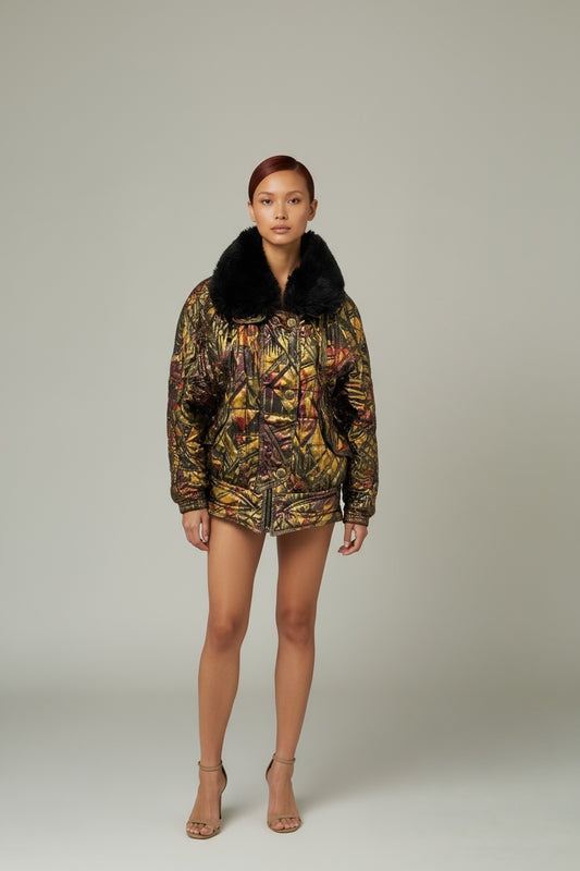 Metallic Jacket Faux Fur Collar