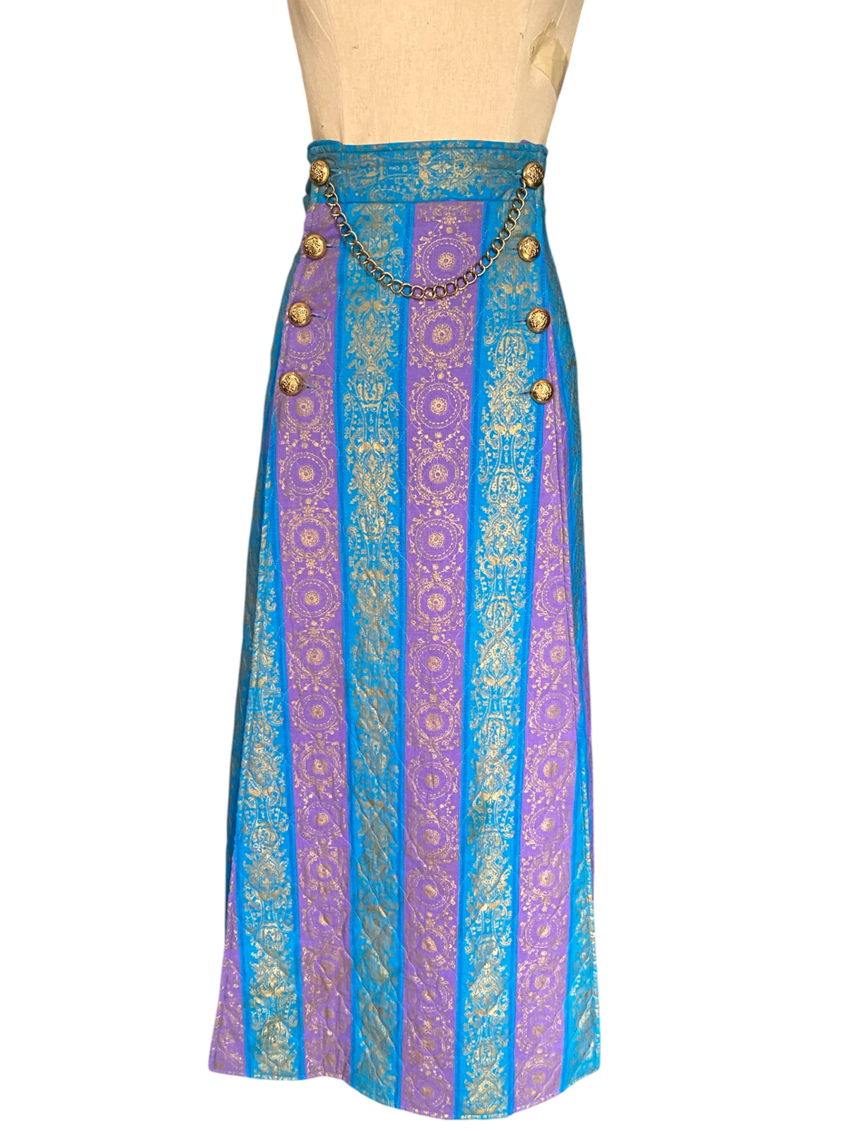 60s Maxi Skirt Gilded Buttons & Chain Gold Print