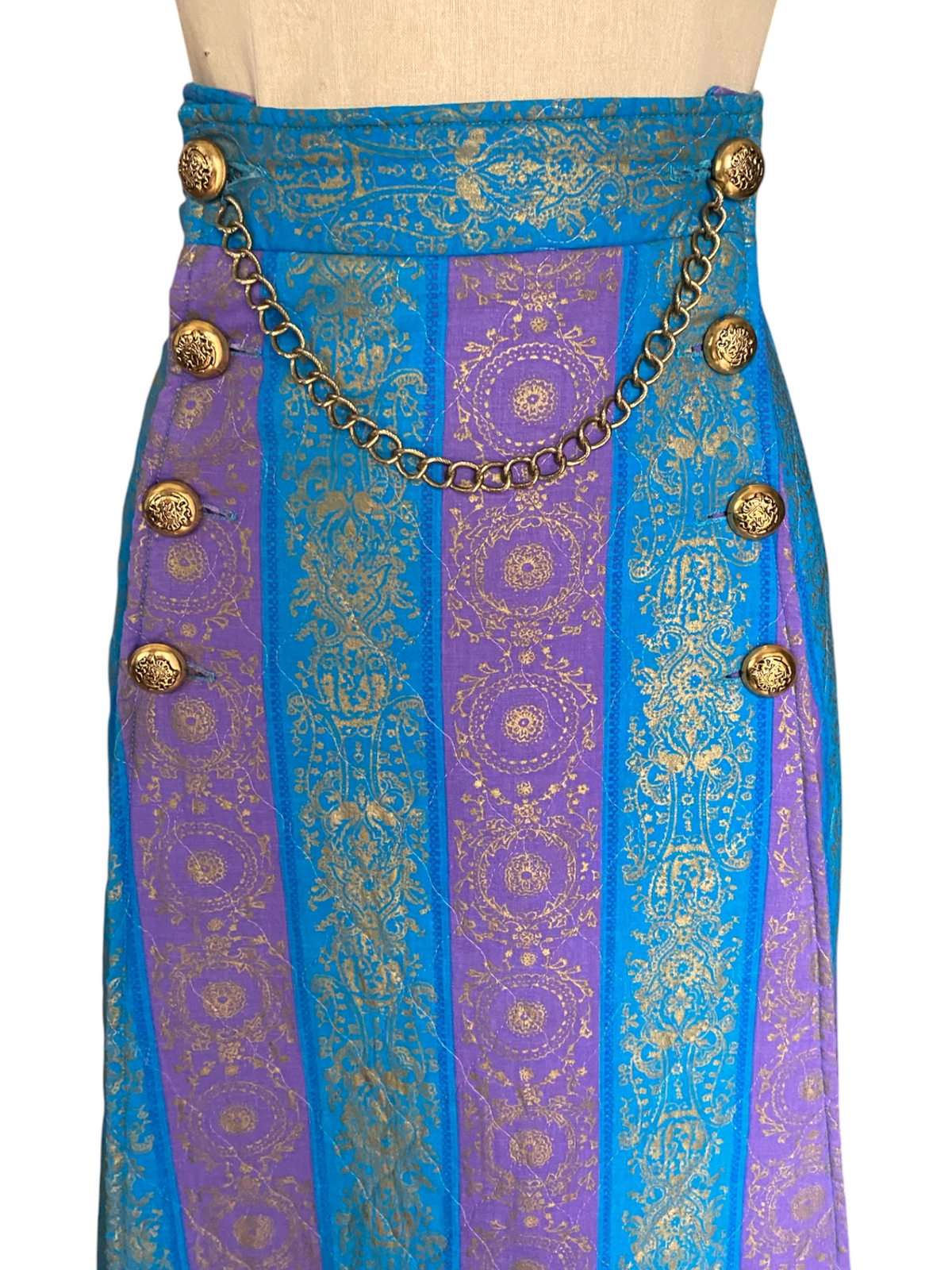 60s Maxi Skirt Gilded Buttons & Chain Gold Print