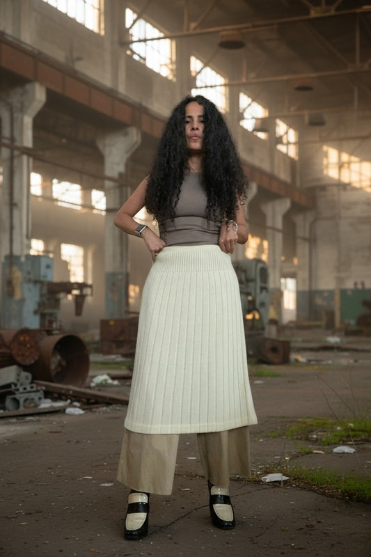 Cream Color Wool Ribbed A-Line Skirt