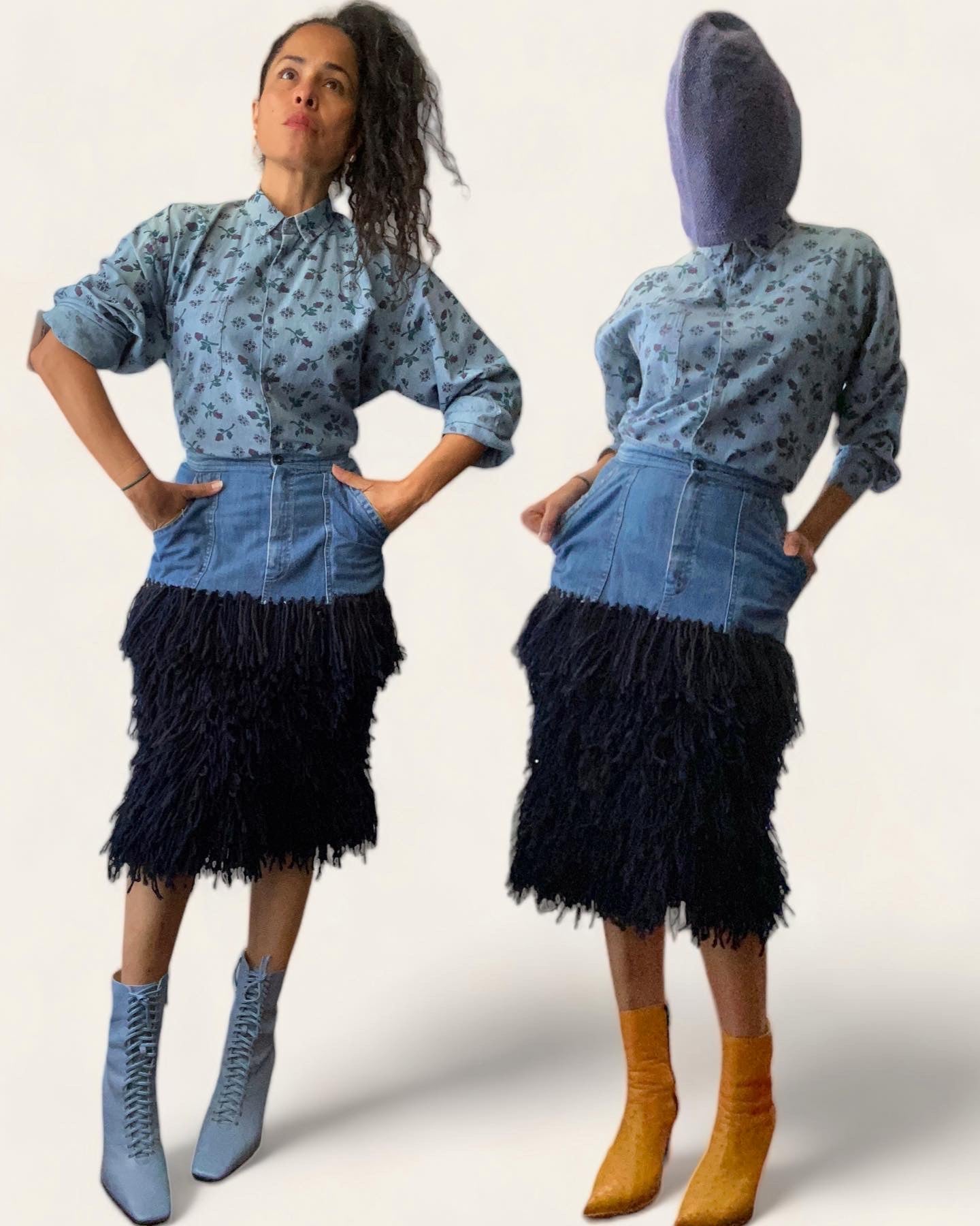 Upcycled Vintage Denim Skirt Fringe Layers