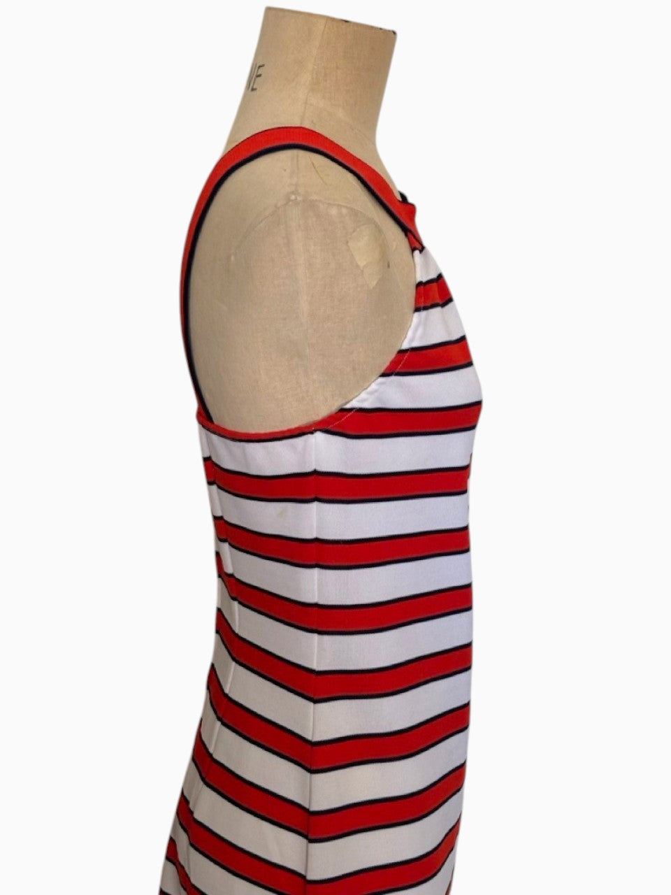 LaliSimone 70s vintage-style sleeveless dress with red, white, and blue horizontal stripes on a mannequin