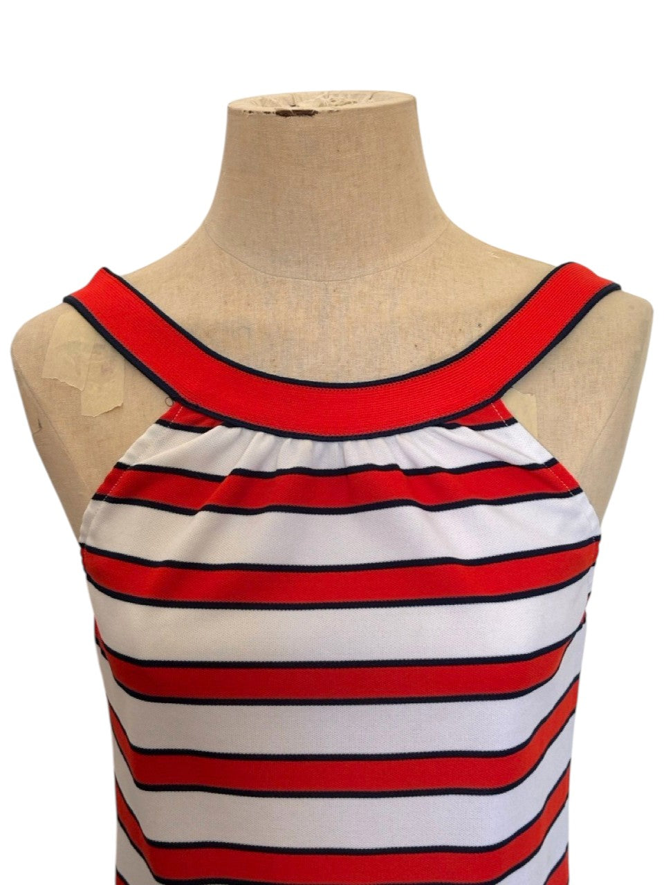 LaliSimone 70s vintage red, white, and blue horizontal striped sleeveless dress with a ribbed scoop neckline.