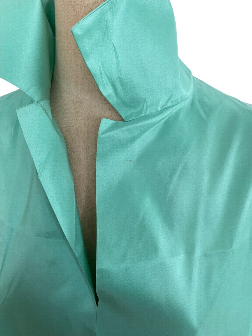 LaliSimone vintage 1980s mint green silk tunic with architectural collar and cap sleeves on a mannequin