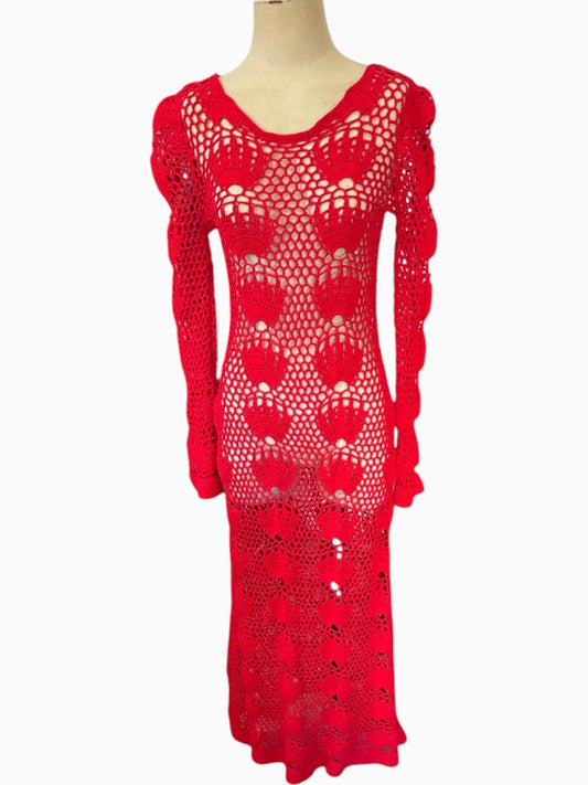 LaliSimone red crochet maxi dress with long sleeves and intricate openwork pattern on a mannequin