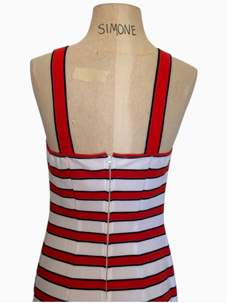 LaliSimone 70s vintage-style dress with red, white, and blue horizontal stripes and a back zipper closure
