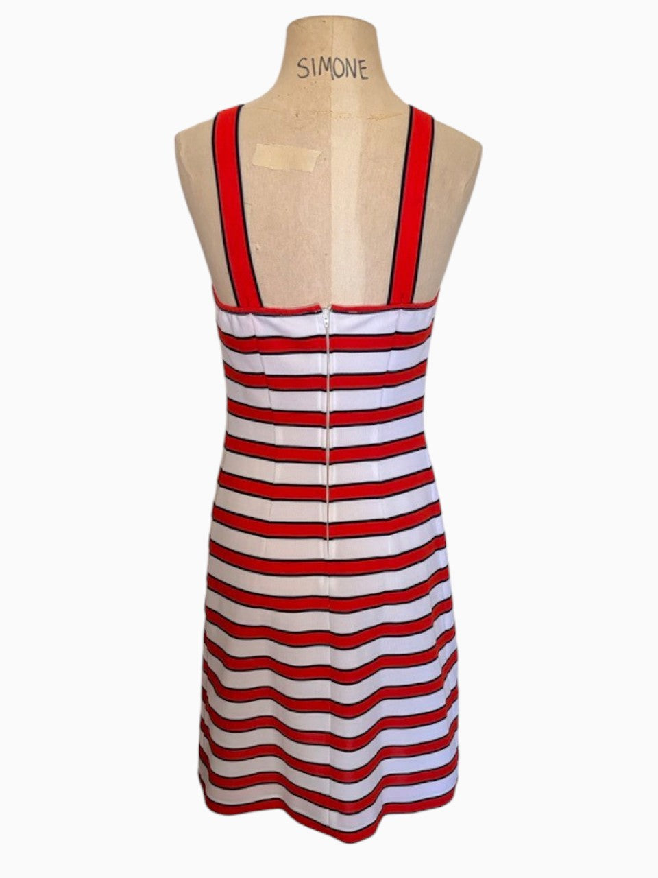 LaliSimone vintage 70s red, white, and blue horizontal striped sleeveless dress on a mannequin, back view.
