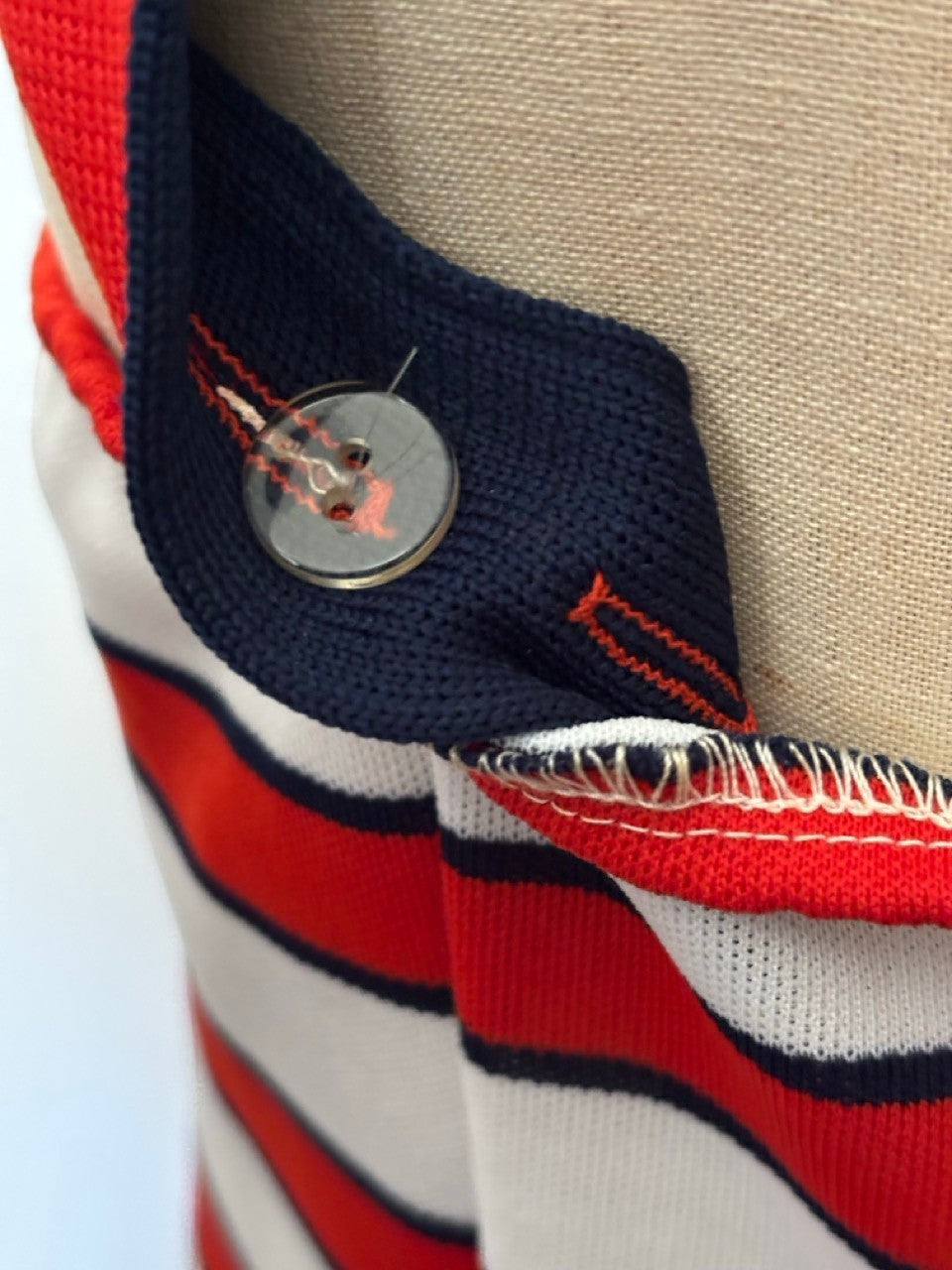 LaliSimone vintage 70s red white and blue horizontal striped dress featuring a navy blue button detail