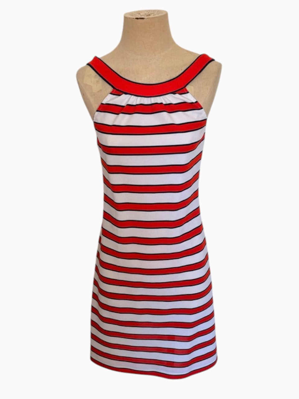 LaliSimone 70s vintage-style red, white, and blue horizontal striped sleeveless mini dress on a mannequin