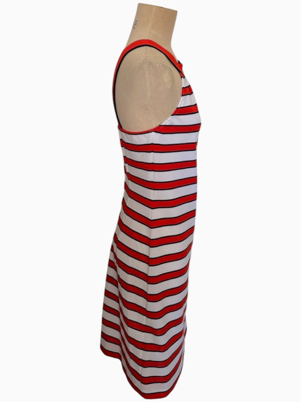 LaliSimone 70s vintage-style red, white, and blue horizontal striped sleeveless dress on a mannequin, side view.