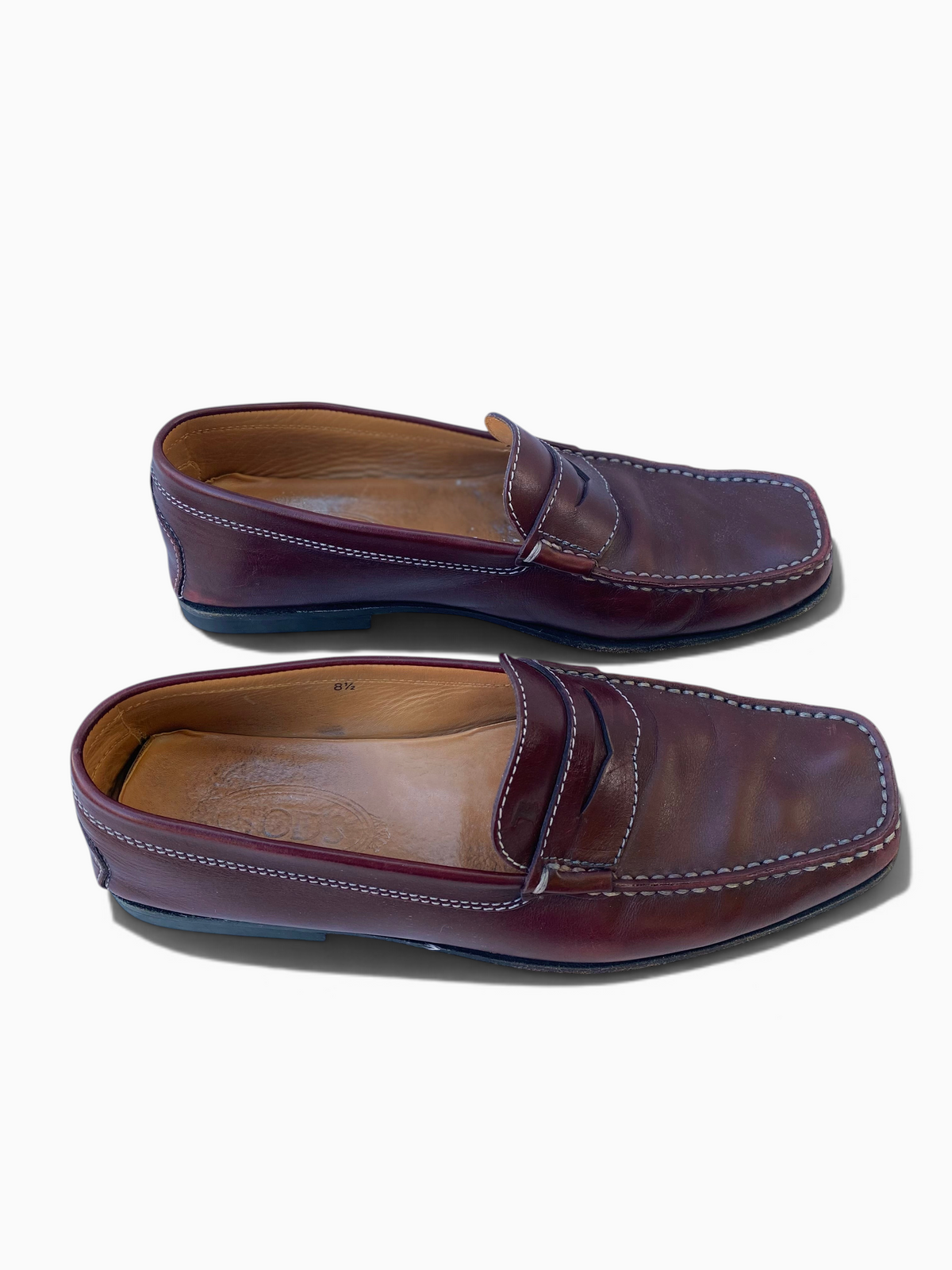 LaliSimone vintage Tod's oxblood leather penny loafers with square toe and white contrast stitching
