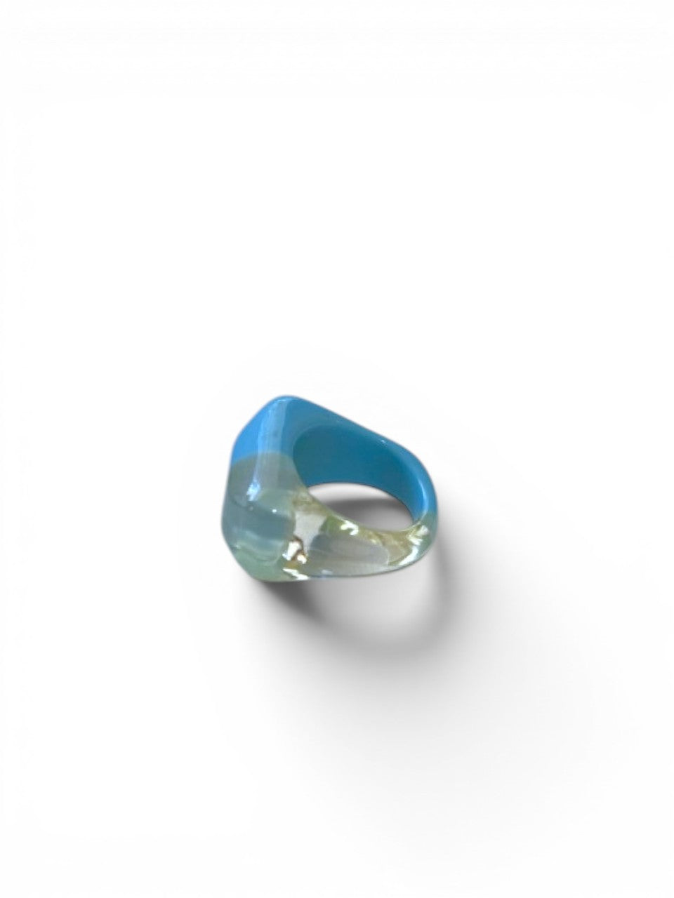 LaliSimone two tone acrylic ring with a chunky, abstract design in translucent blue and yellow.