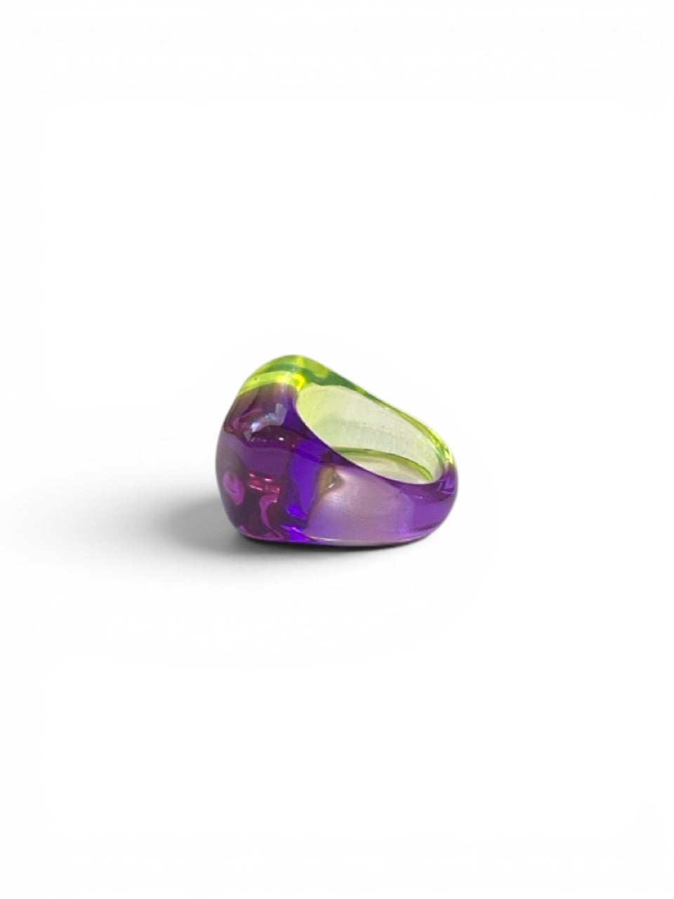 LaliSimone two tone acrylic ring in purple and lime green, chunky statement style.