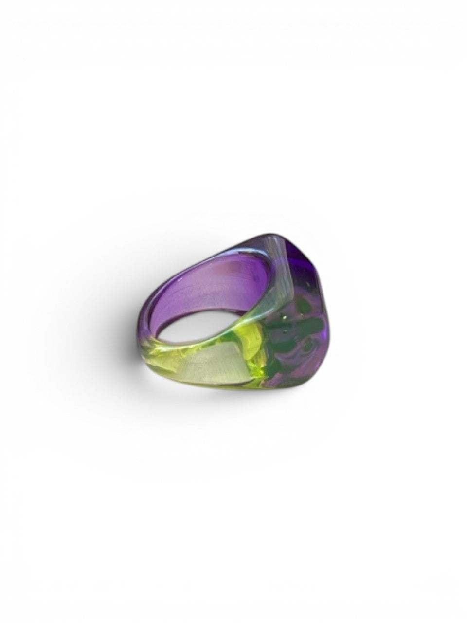 LaliSimone two-tone acrylic ring in purple and green with a marbled effect. Chunky, statement ring.