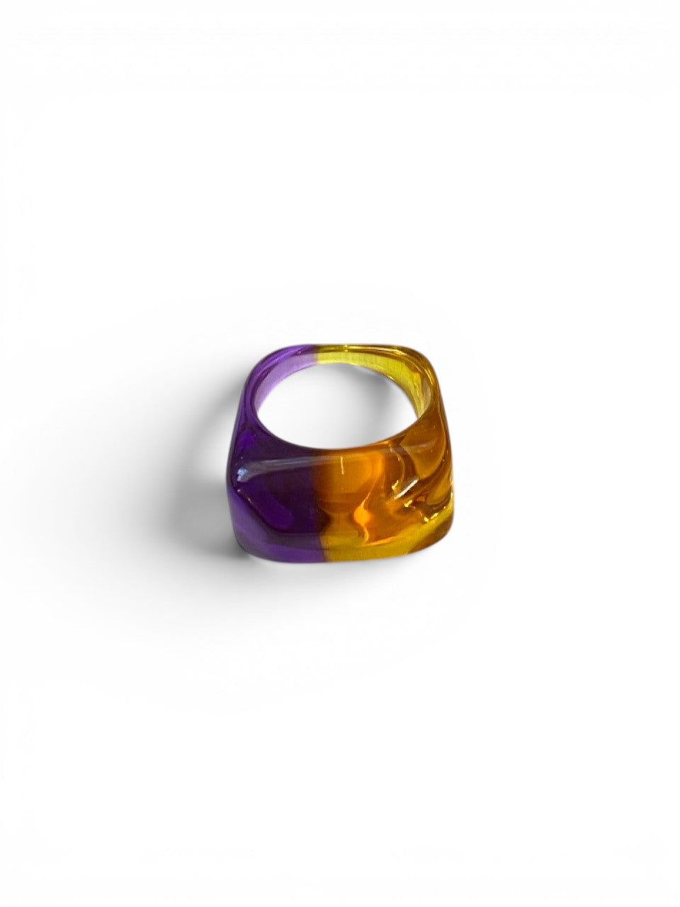 LaliSimone two tone acrylic ring in purple and yellow with a square band and chunky design.