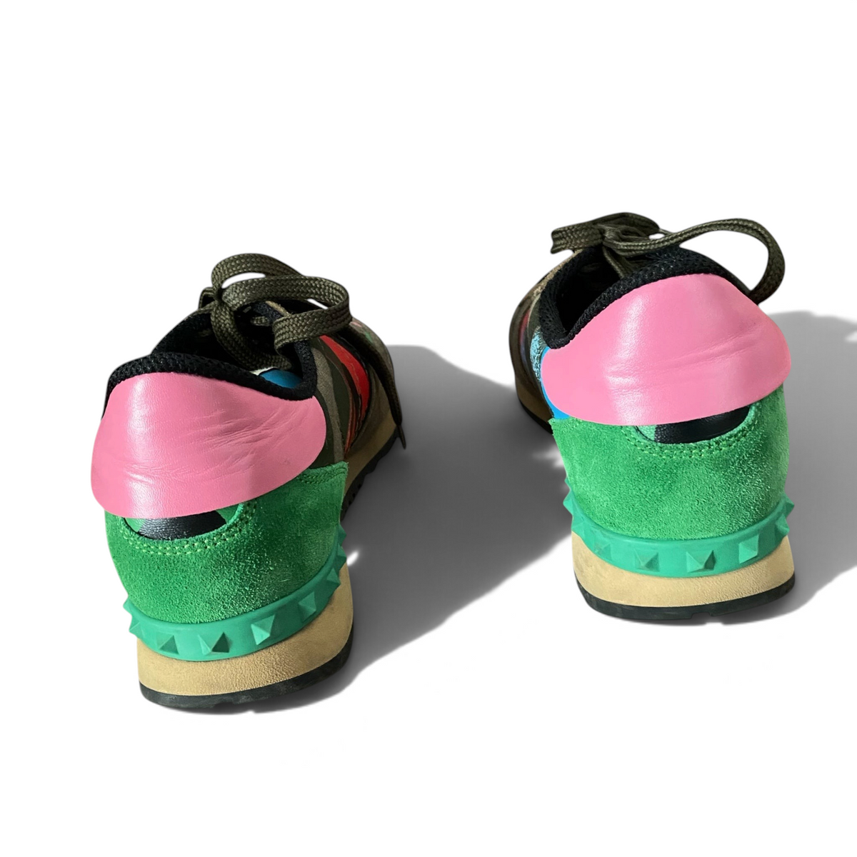 LaliSimone Valentino Garavani low top sneakers featuring green suede, pink leather heels, and hand-painted cat art.