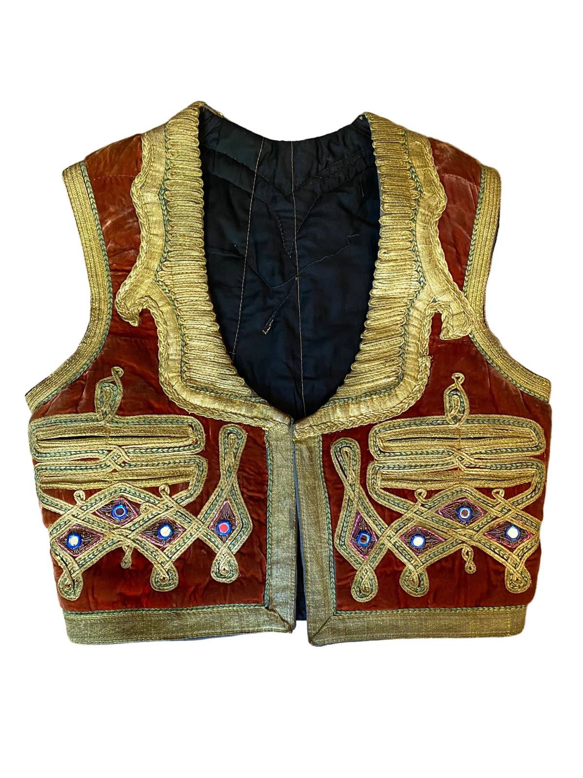 LaliSimone vintage rust-orange velvet vest featuring gold zardozi embroidery and traditional shisha mirror work.