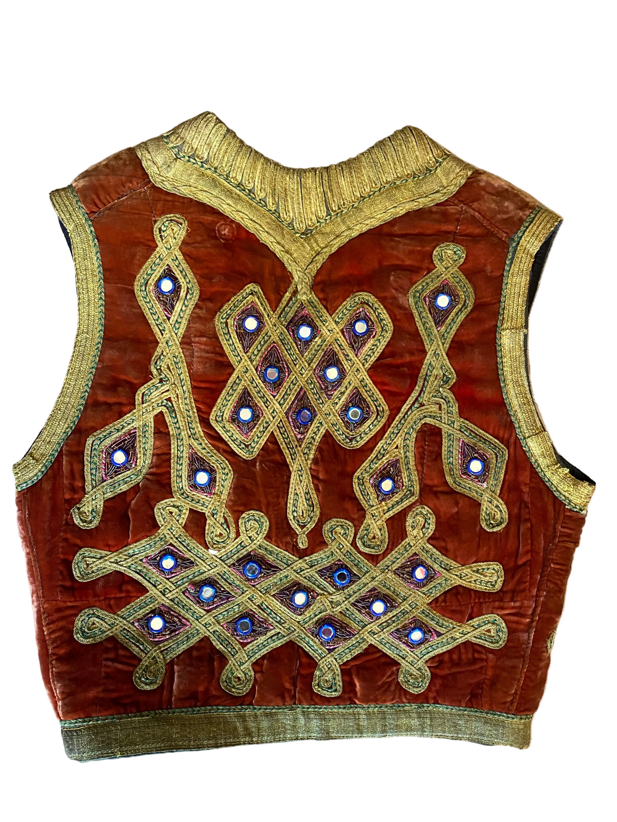 LaliSimone vintage rust-orange velvet vest with gold zardozi embroidery and reflective shisha mirror work.