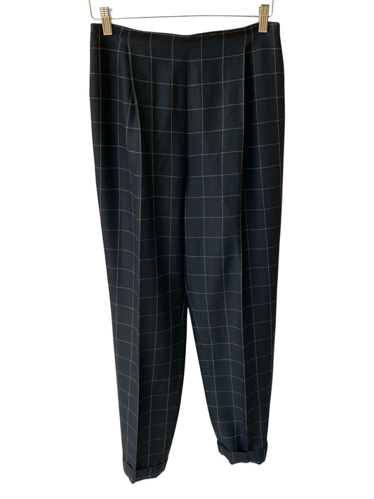 LaliSimone 90s Ralph x Ralph Lauren tapered trousers in black with a subtle tan windowpane check. Features pleats and cuffed hems.