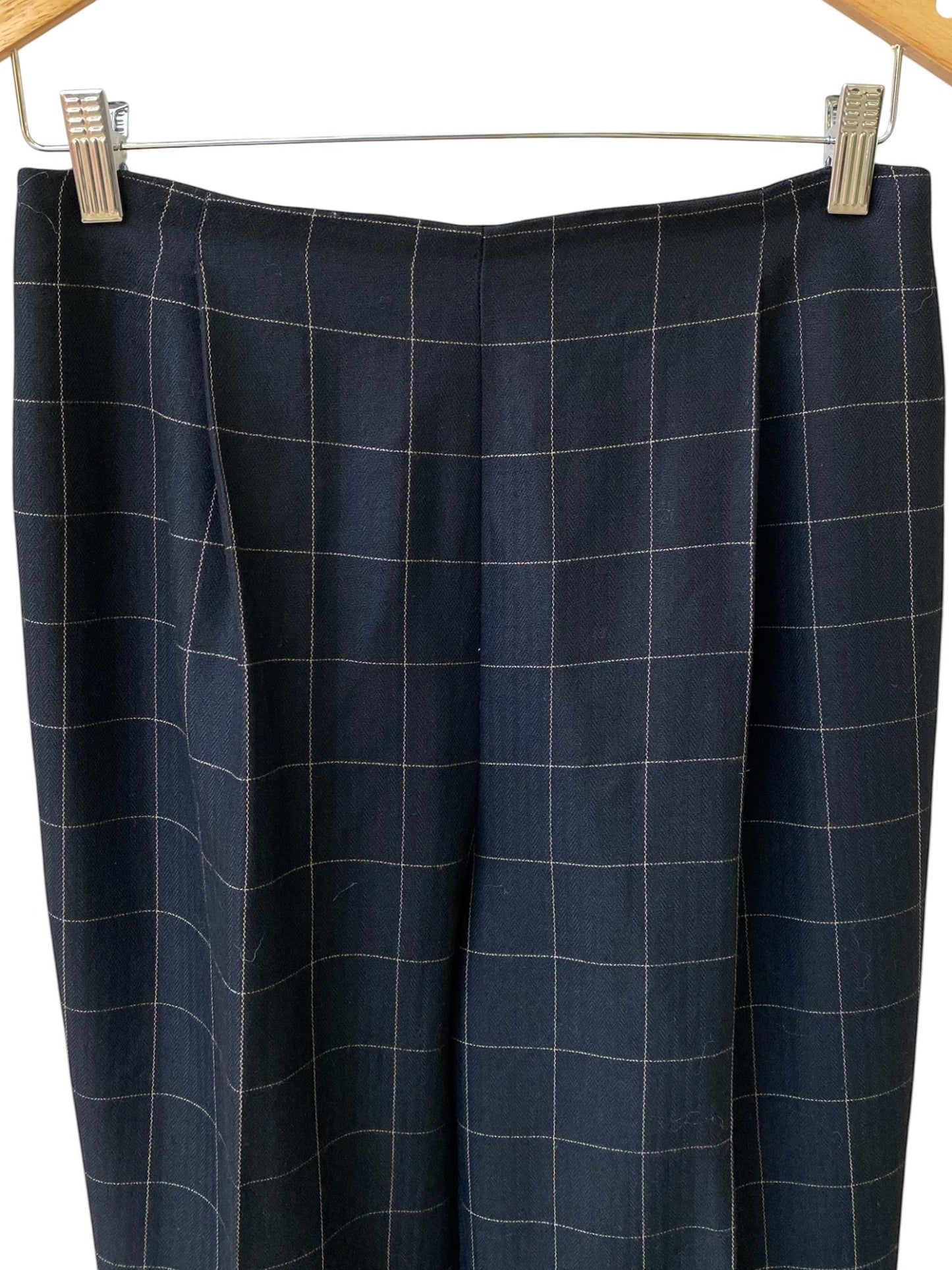 LaliSimone 90s Ralph x Ralph Lauren navy plaid tapered trousers with a subtle cream grid pattern.