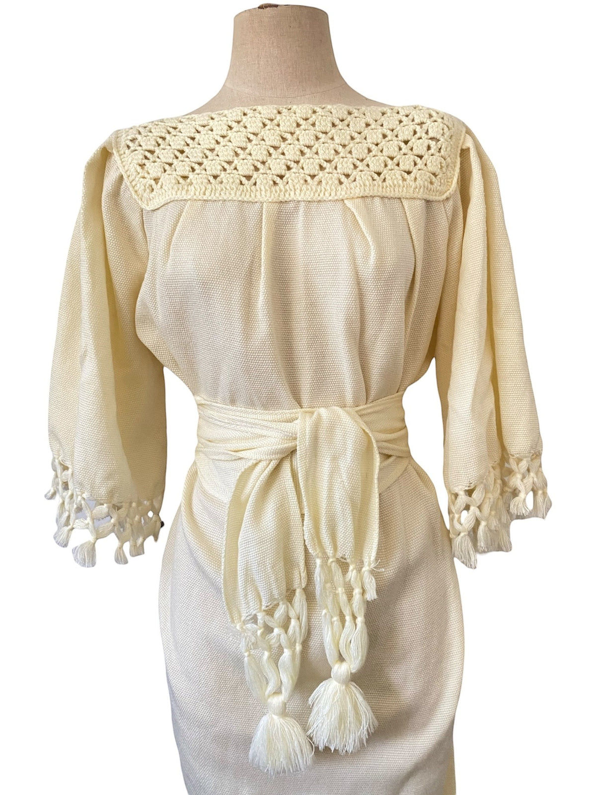 80s Cream Huipil Shift Dress | Crochet Yoke & Macramé Fringe | With Belt