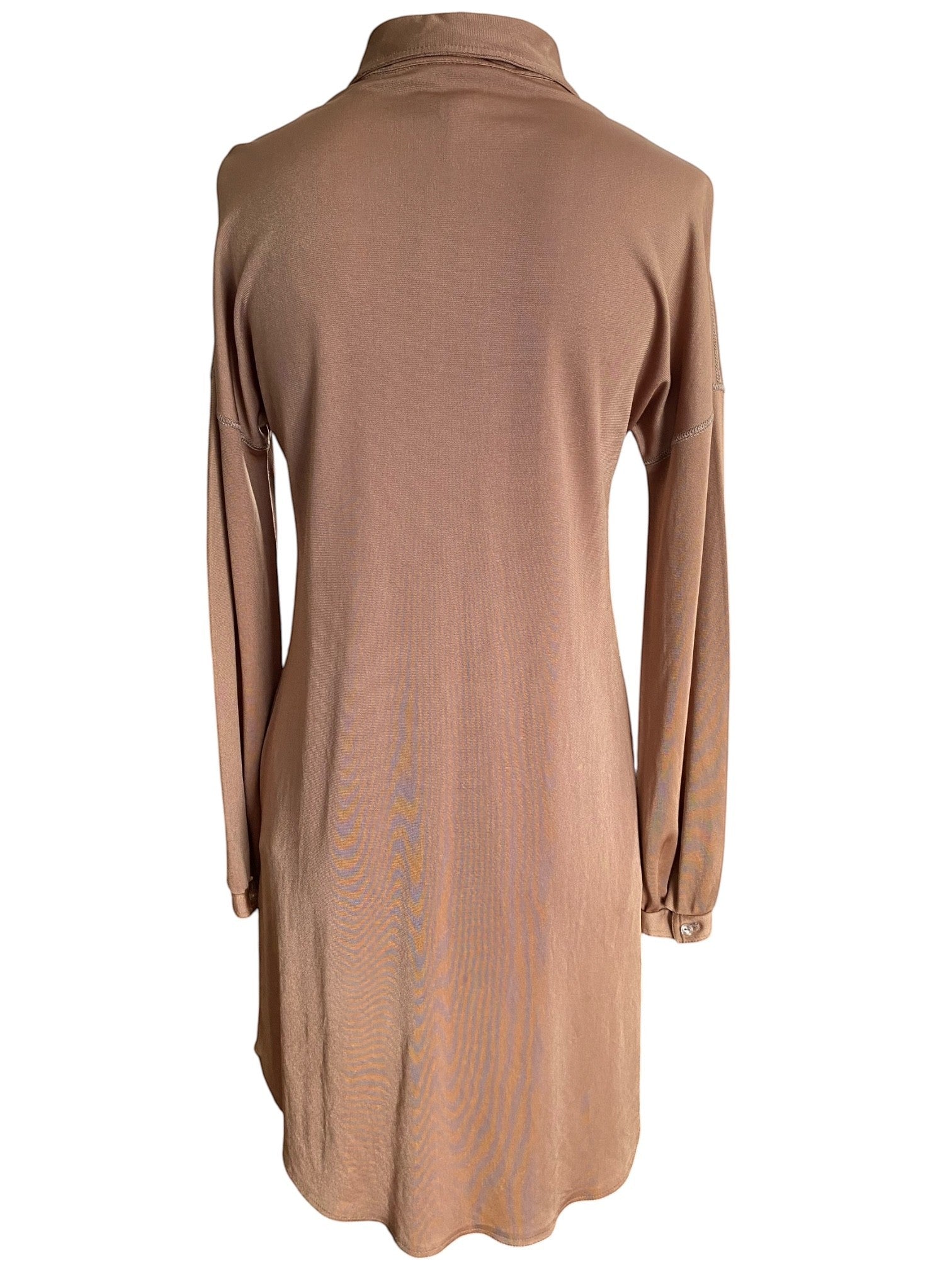 LaliSimone bronze jersey shirt dress with long sleeves and button cuffs.