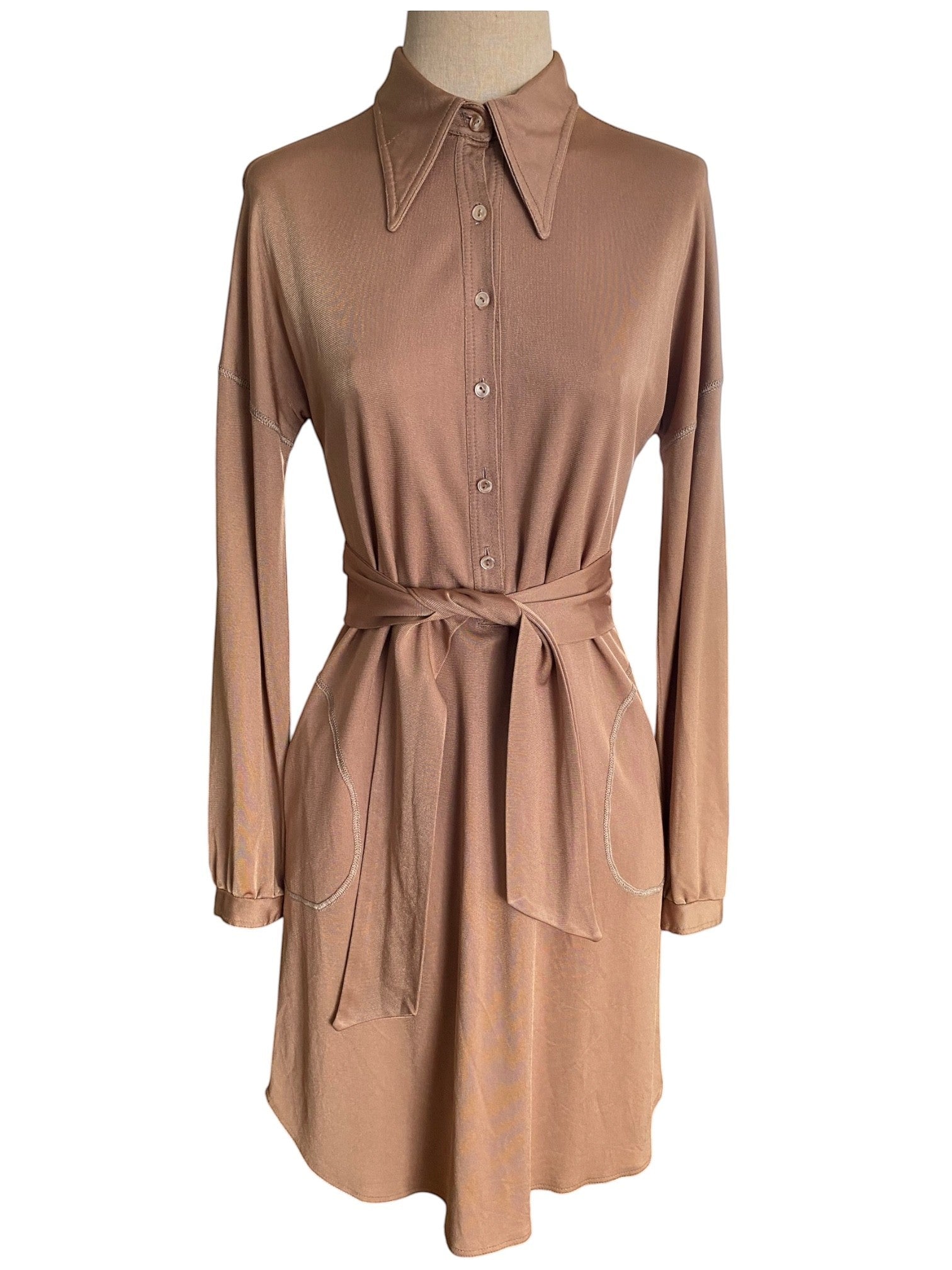 LaliSimone bronze jersey shirt dress with long sleeves, pointed collar, button front, and tie waist.