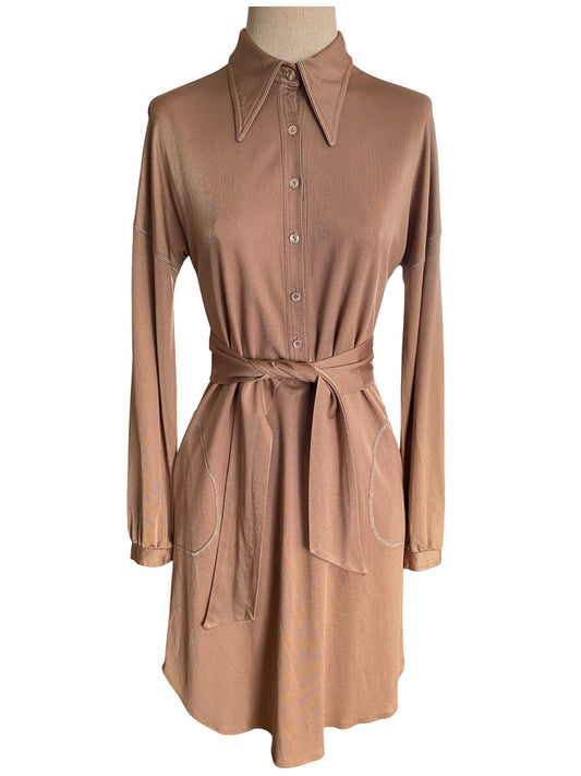 LaliSimone bronze jersey shirt dress with long sleeves, pointed collar, button front, and tie waist.