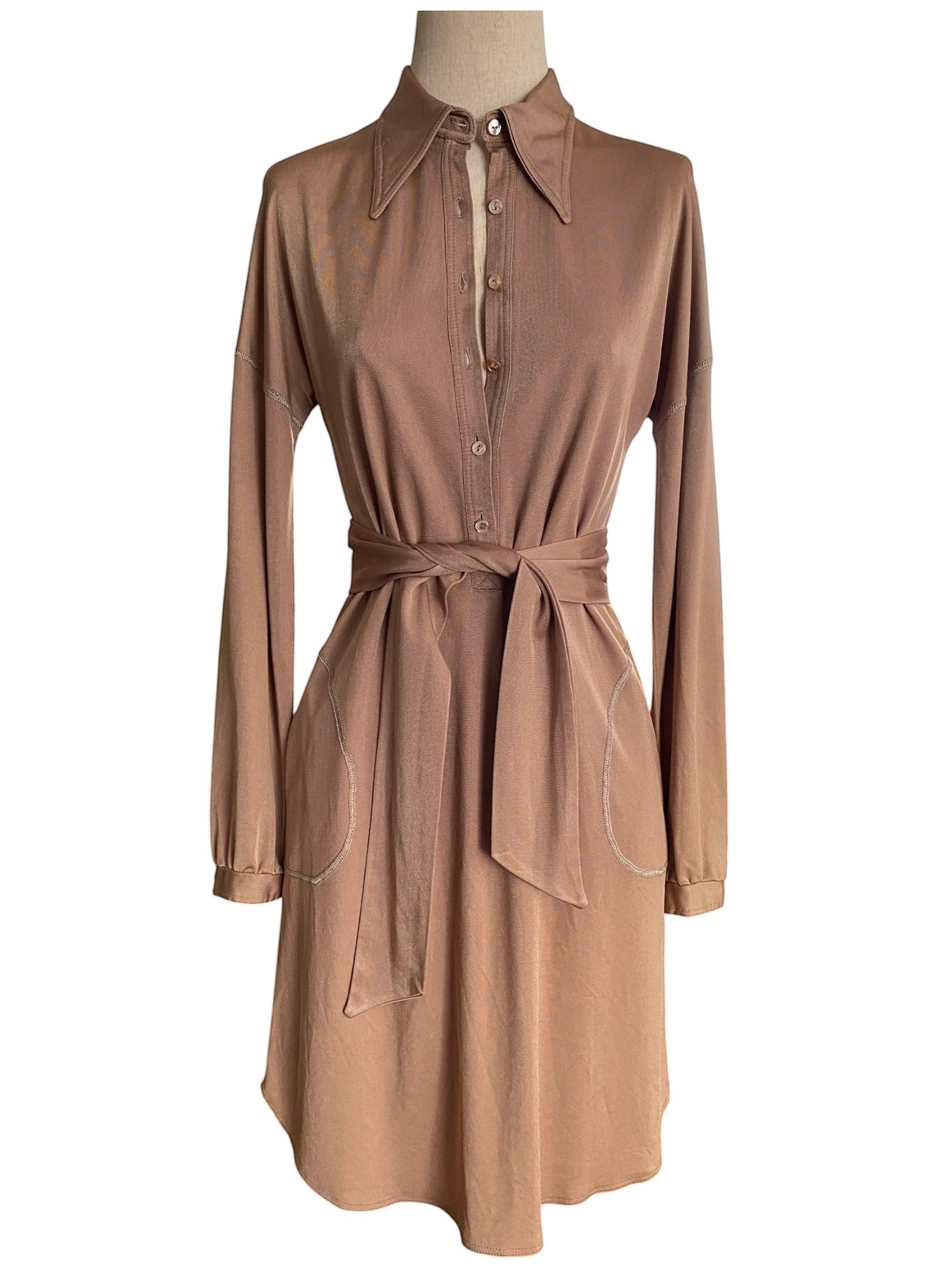 LaliSimone bronze jersey shirt dress with pointed collar, button front, tie waist, and pocket details.