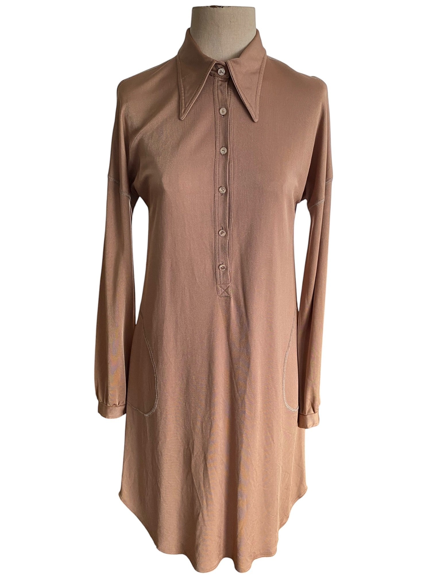 LaliSimone bronze jersey shirt dress with pointed collar, button placket, and two front pockets.