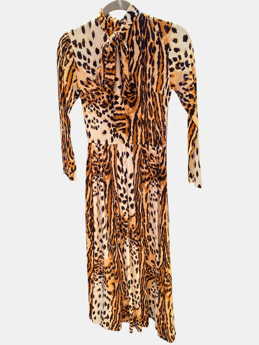 LaliSimone 50s 60s leopard print midi dress with pussy bow and long sleeves. Vintage animal print fabric.
