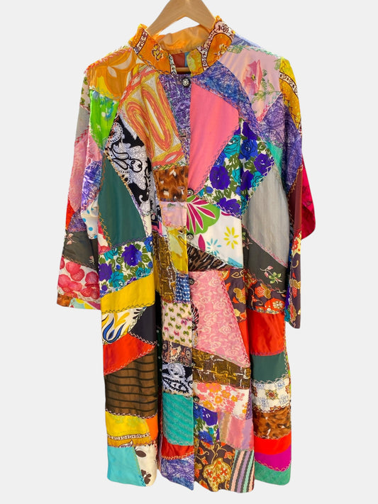 LaliSimone antique 100% hand sewn quilted patchwork duster coat with a vibrant, eclectic mix of patterns and colors.