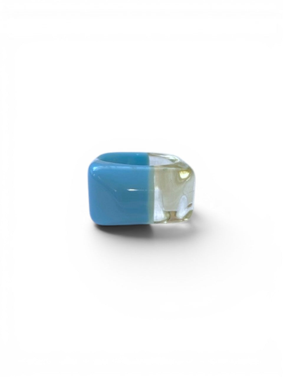 LaliSimone two-tone acrylic ring, half clear and half blue, chunky square design.
