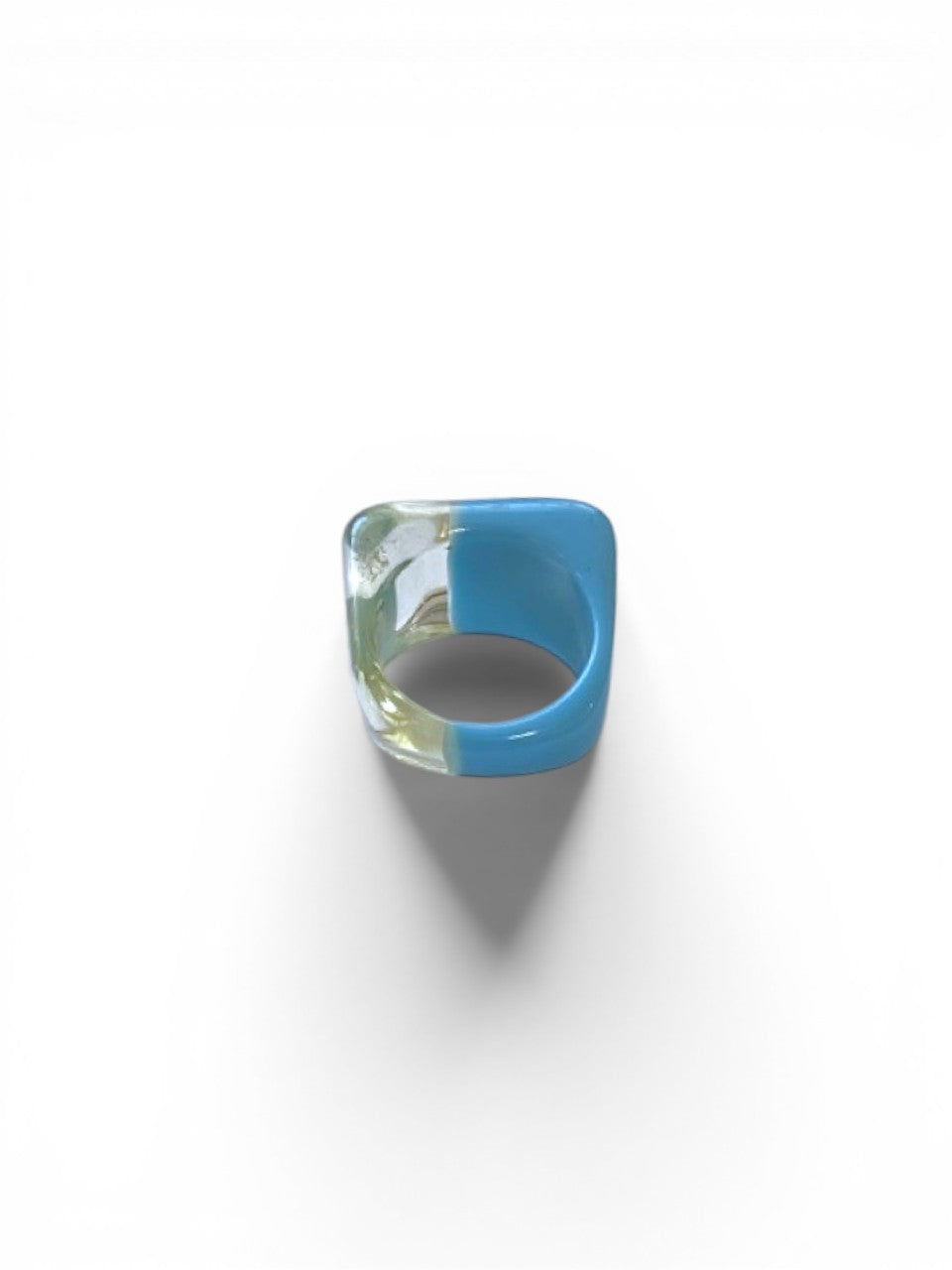 LaliSimone two tone acrylic ring in clear and blue with a square face.