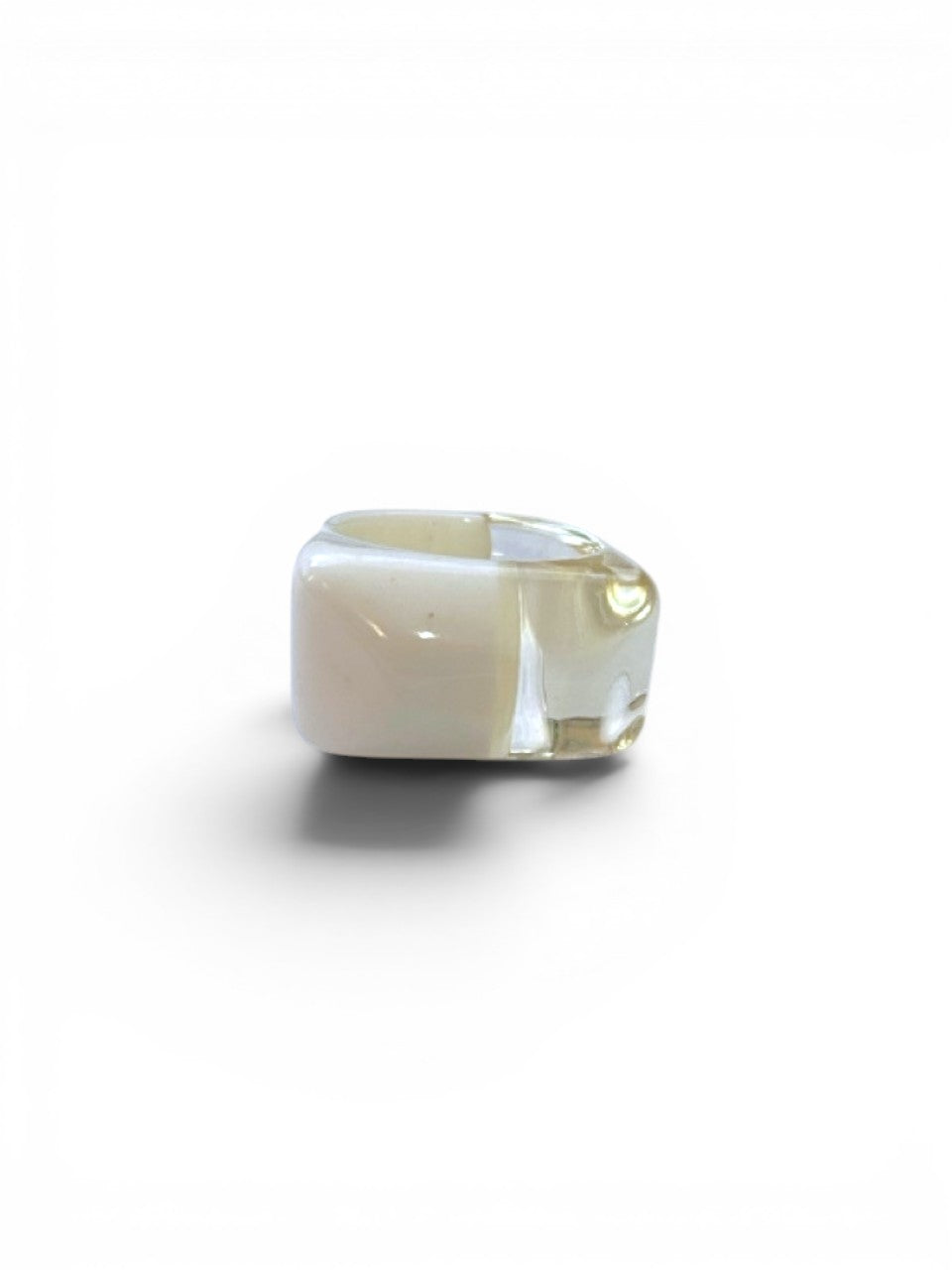 LaliSimone two tone acrylic ring, half opaque cream, half clear. Chunky square design.