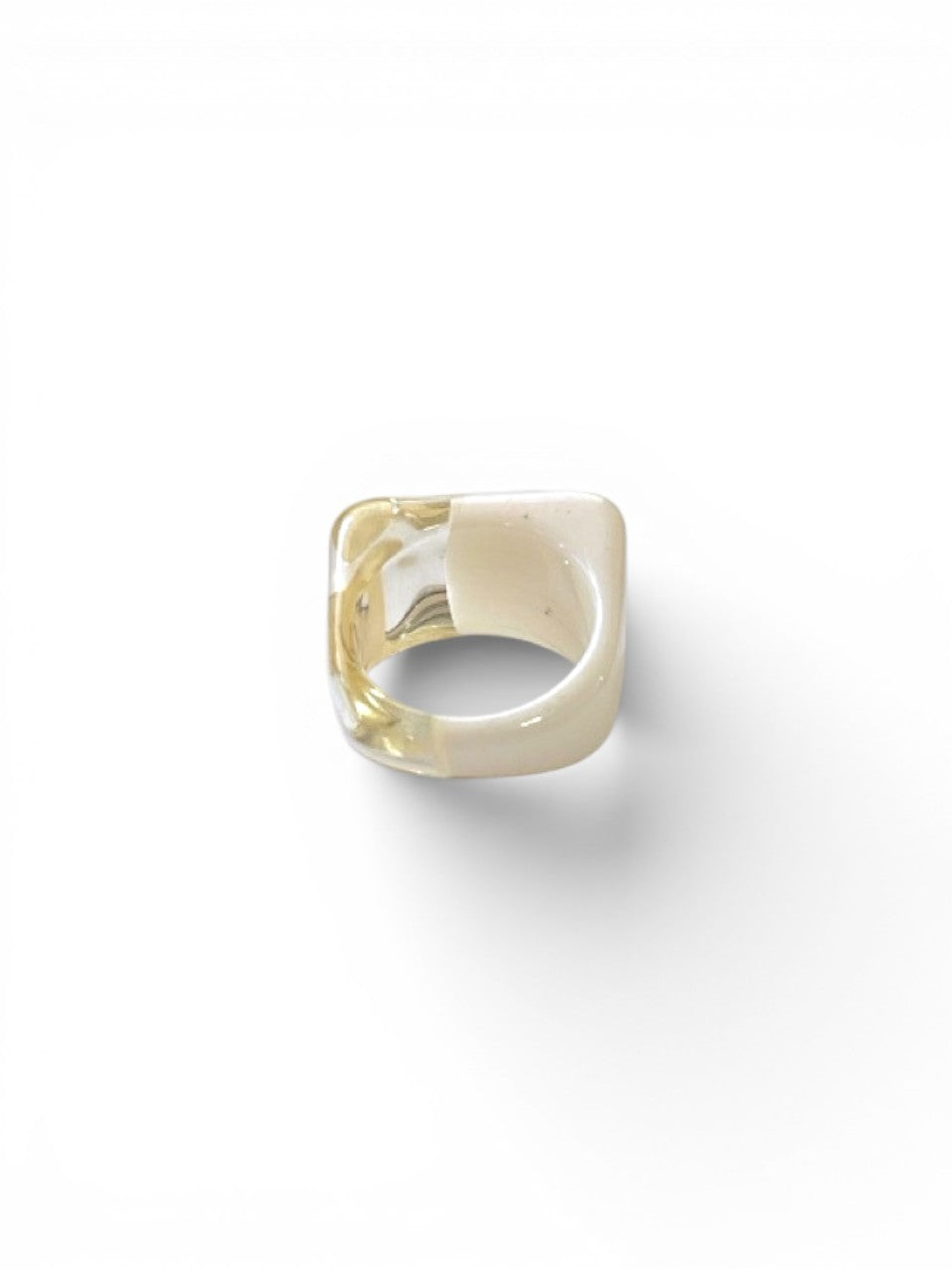 LaliSimone two-tone acrylic ring in cream and clear resin with a chunky square design.