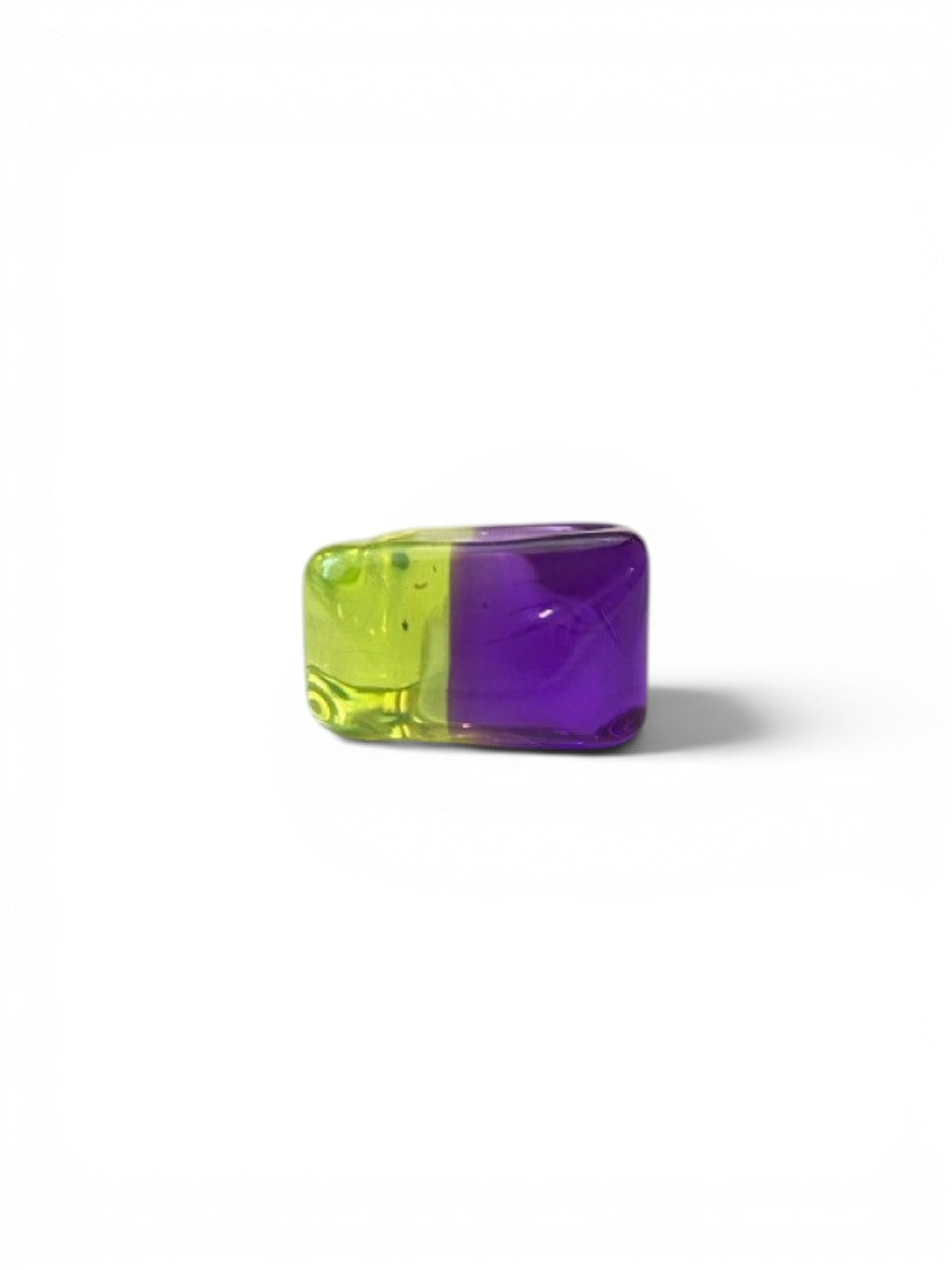 LaliSimone two tone acrylic ring, half lime green and half purple, square shape.