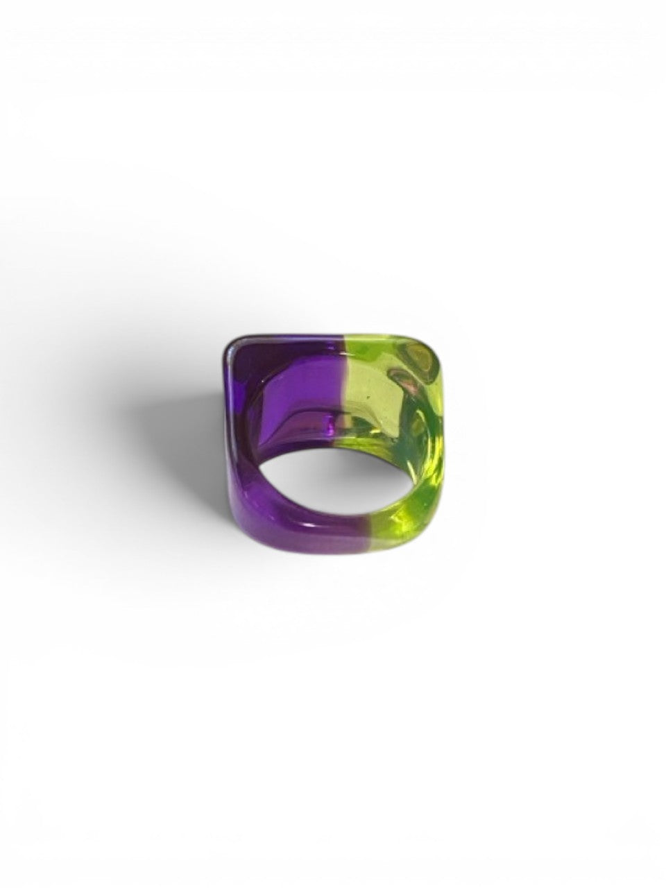 LaliSimone two tone acrylic ring, split purple and lime green, chunky square design.