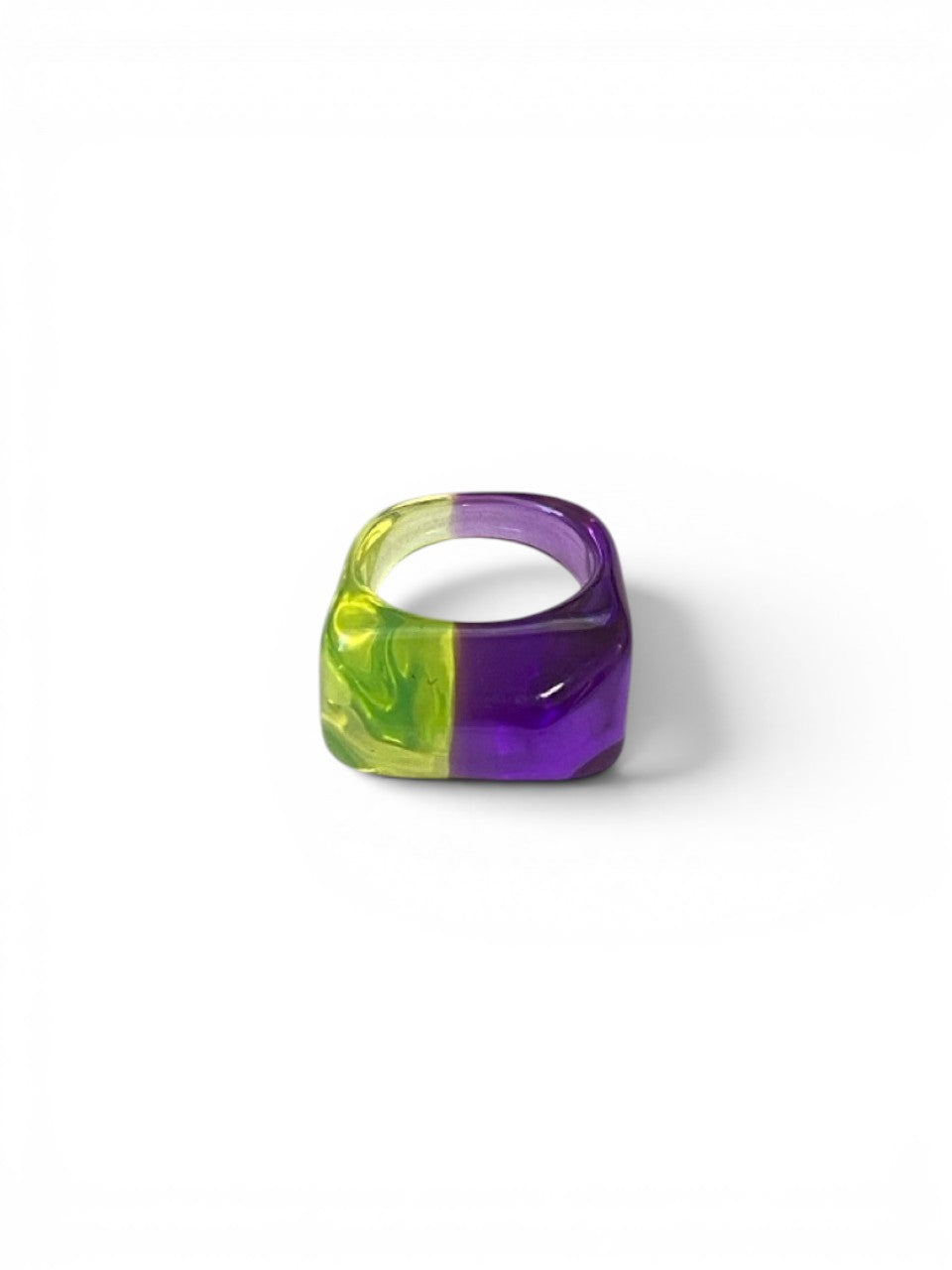 LaliSimone two tone acrylic ring, split between bright green and deep purple, chunky square design.