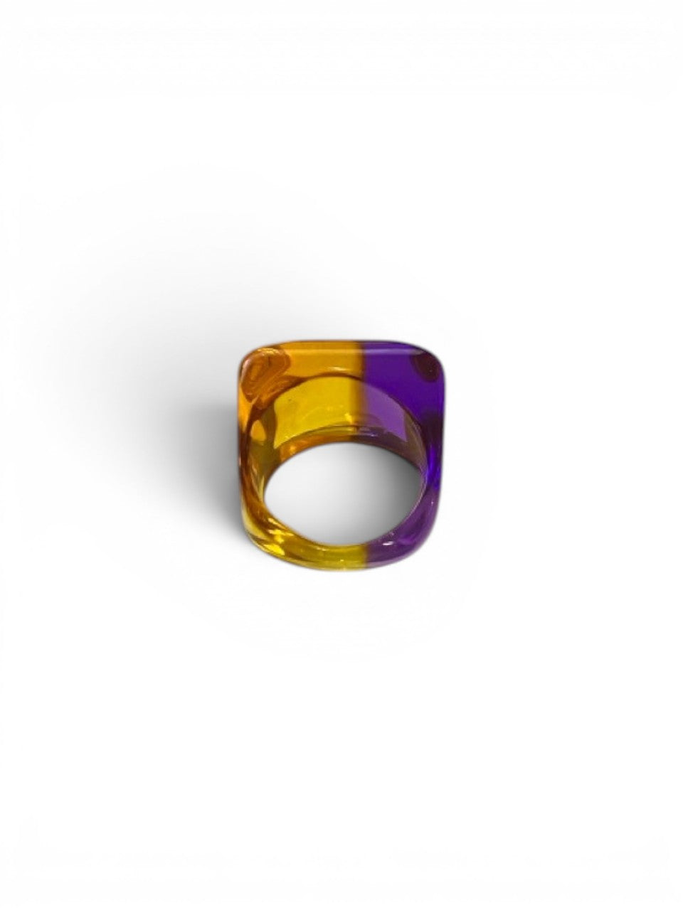 LaliSimone two tone acrylic ring in purple and yellow, square shape, chunky design.