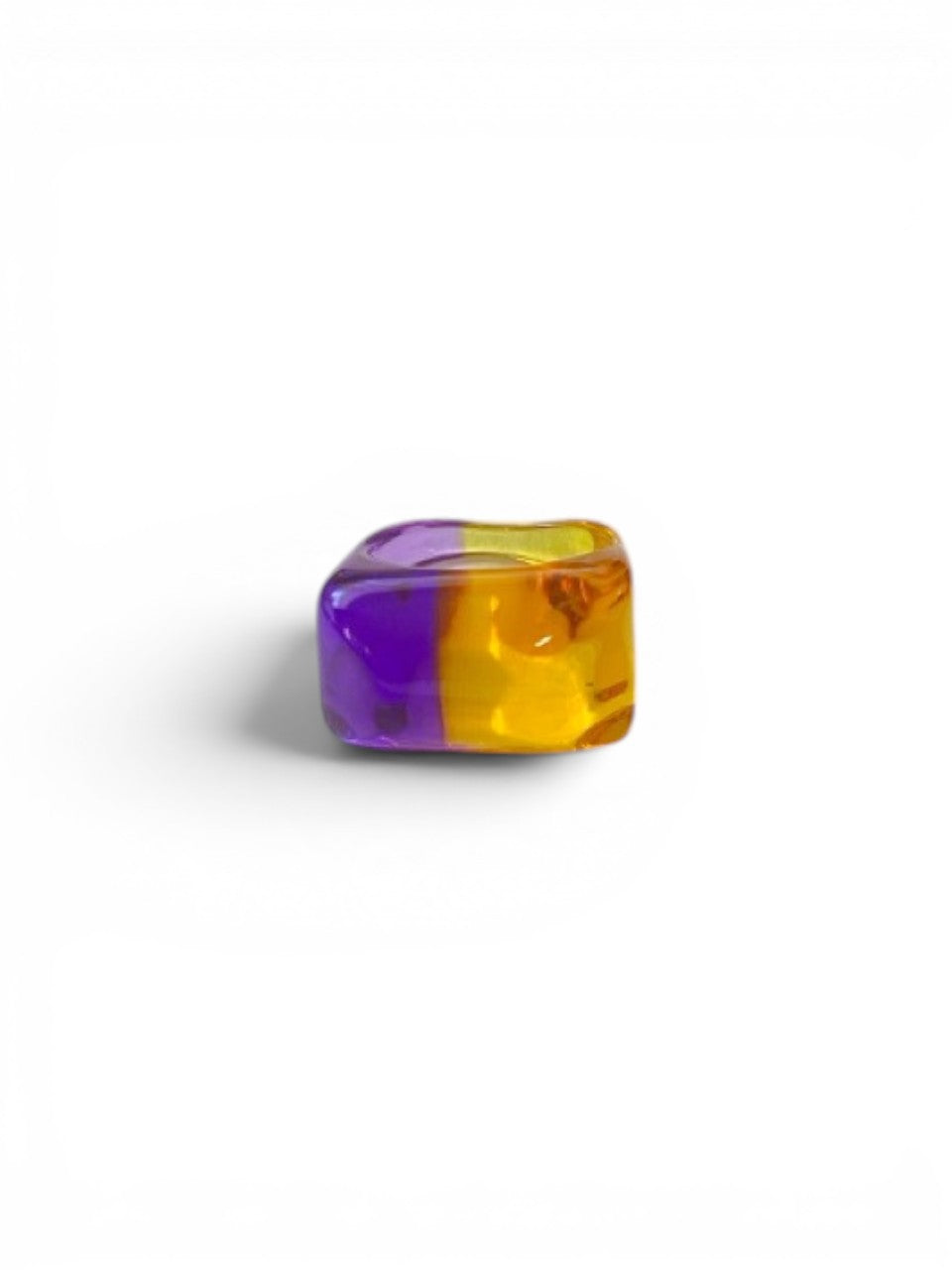LaliSimone two tone acrylic ring in purple and yellow, chunky square design.