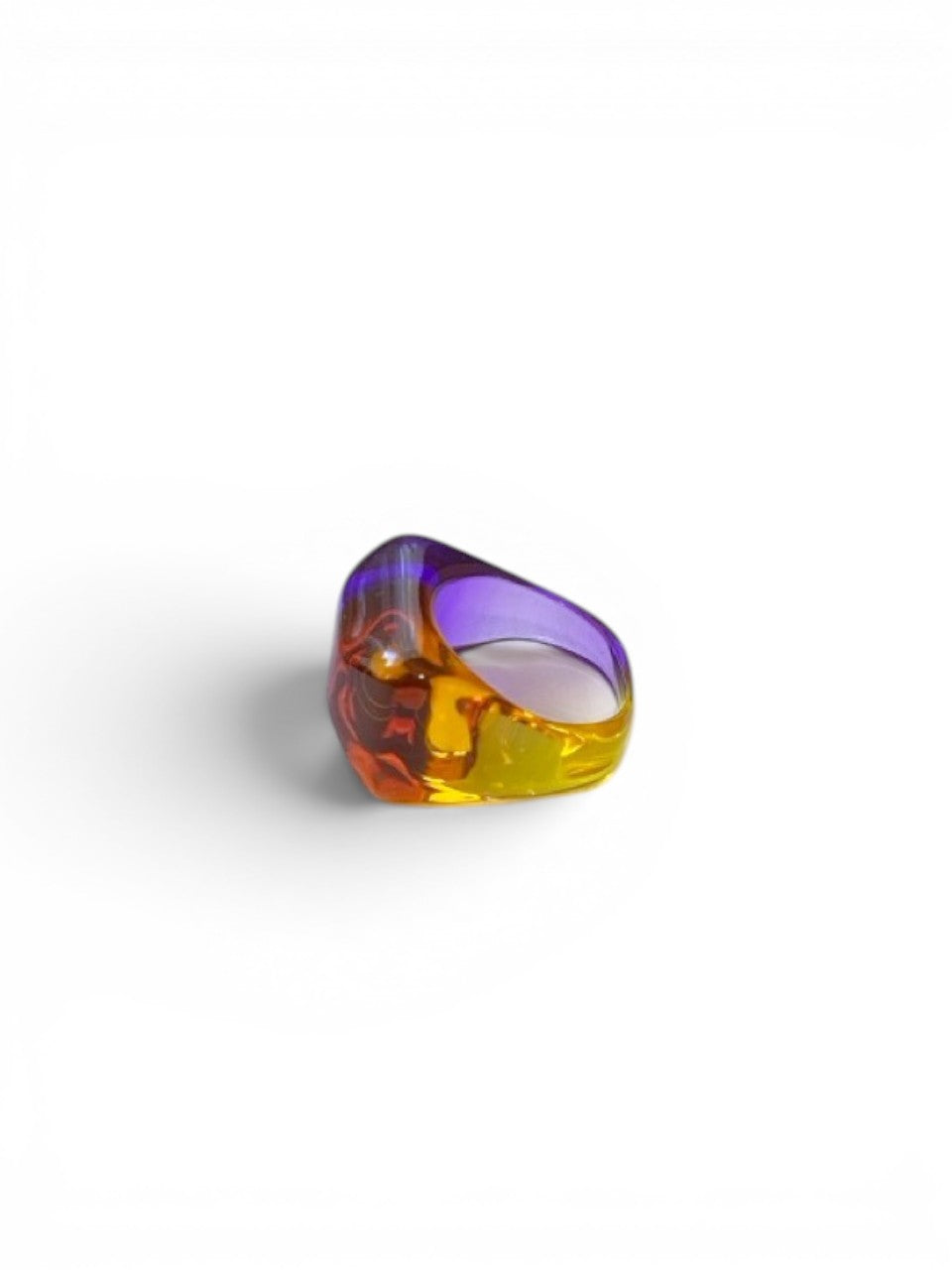 LaliSimone two-tone acrylic ring in purple and yellow with a chunky, abstract design.