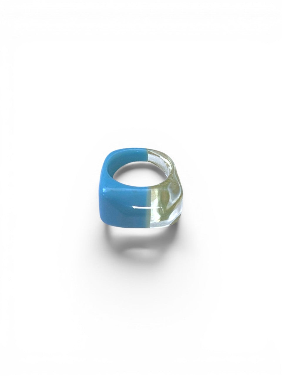 LaliSimone two tone acrylic ring, half opaque blue and half clear, chunky square design.